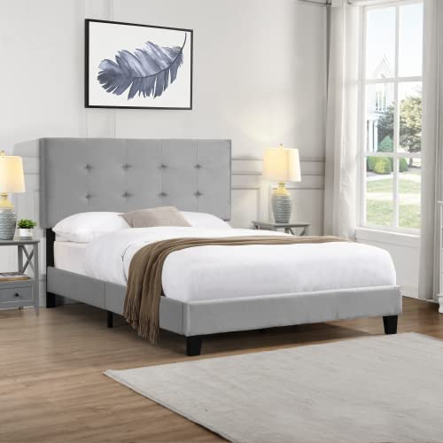 Full Size Upholstered Storage Platform Bed with Headboard - Wood Slat Support, Velvet Fabric, No Box Spring Needed - Sturdy Extra Support Legs, Easy Assembly in Gray - Perfect for Small Bedrooms & Guest Rooms