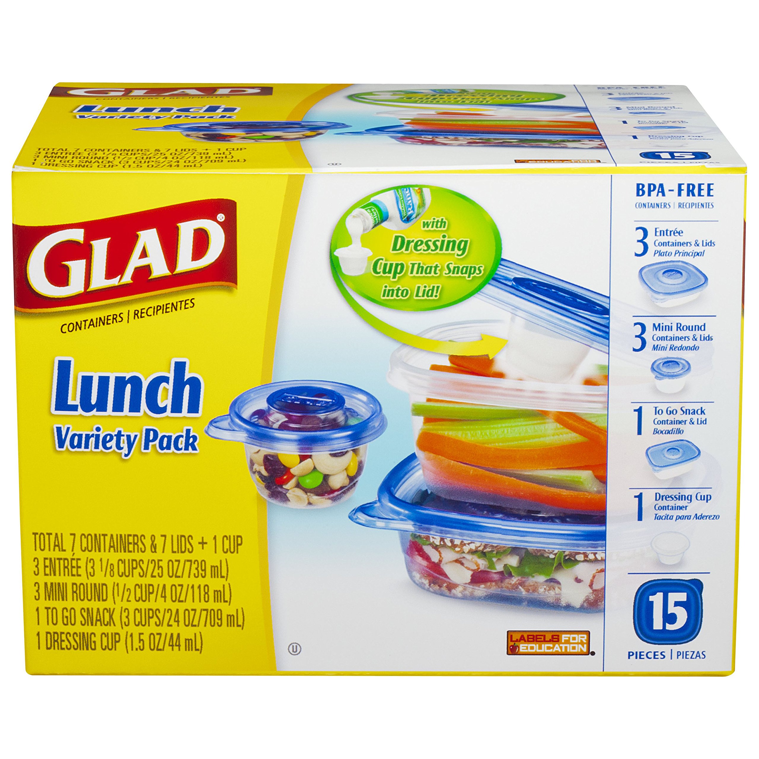 Glad Food Storage Containers - 15-Piece Lunch Variety Pack | Airtight BPA-Free Plastic Meal Prep Containers for School, Office & Picnic | Microwave & Dishwasher Safe