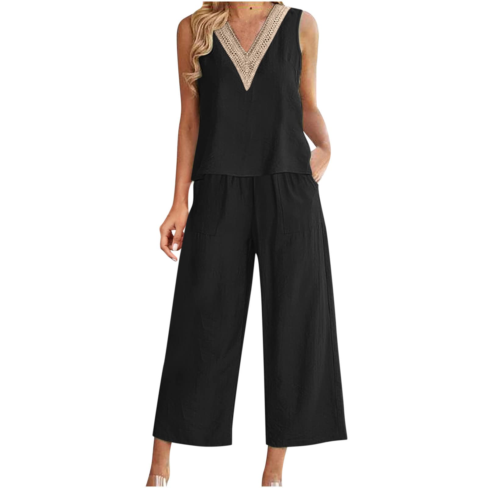 Women's 2-Piece Lounge Set - Soft Cotton Linen Matching Tracksuit with Crop Top & Pants | Casual Outfits for Vacation, Home, Yoga & Relaxation | 2024 Summer Collection