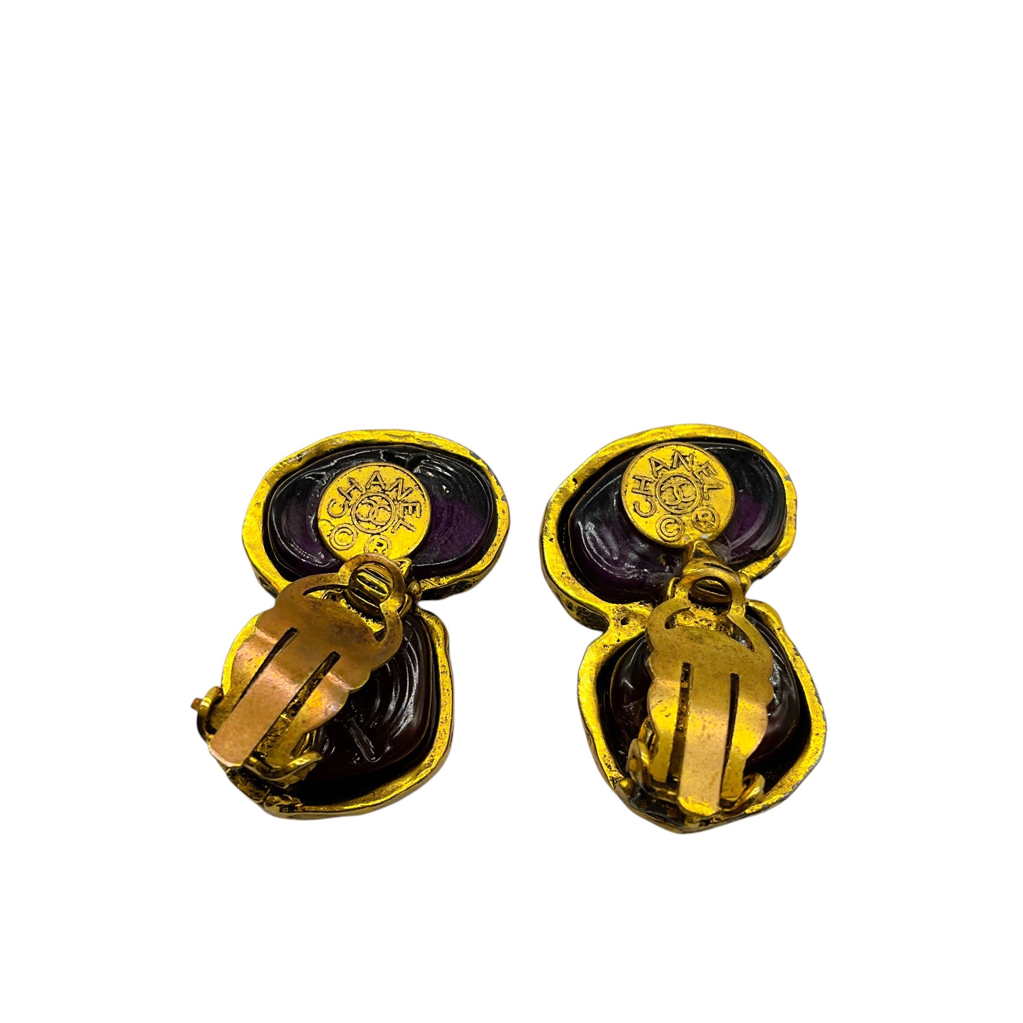 Vintage Chanel Purple & Gold Enamel Clip-On Earrings - Luxury Fashion Jewelry for Women, Perfect for Parties, Weddings & Special Occasions