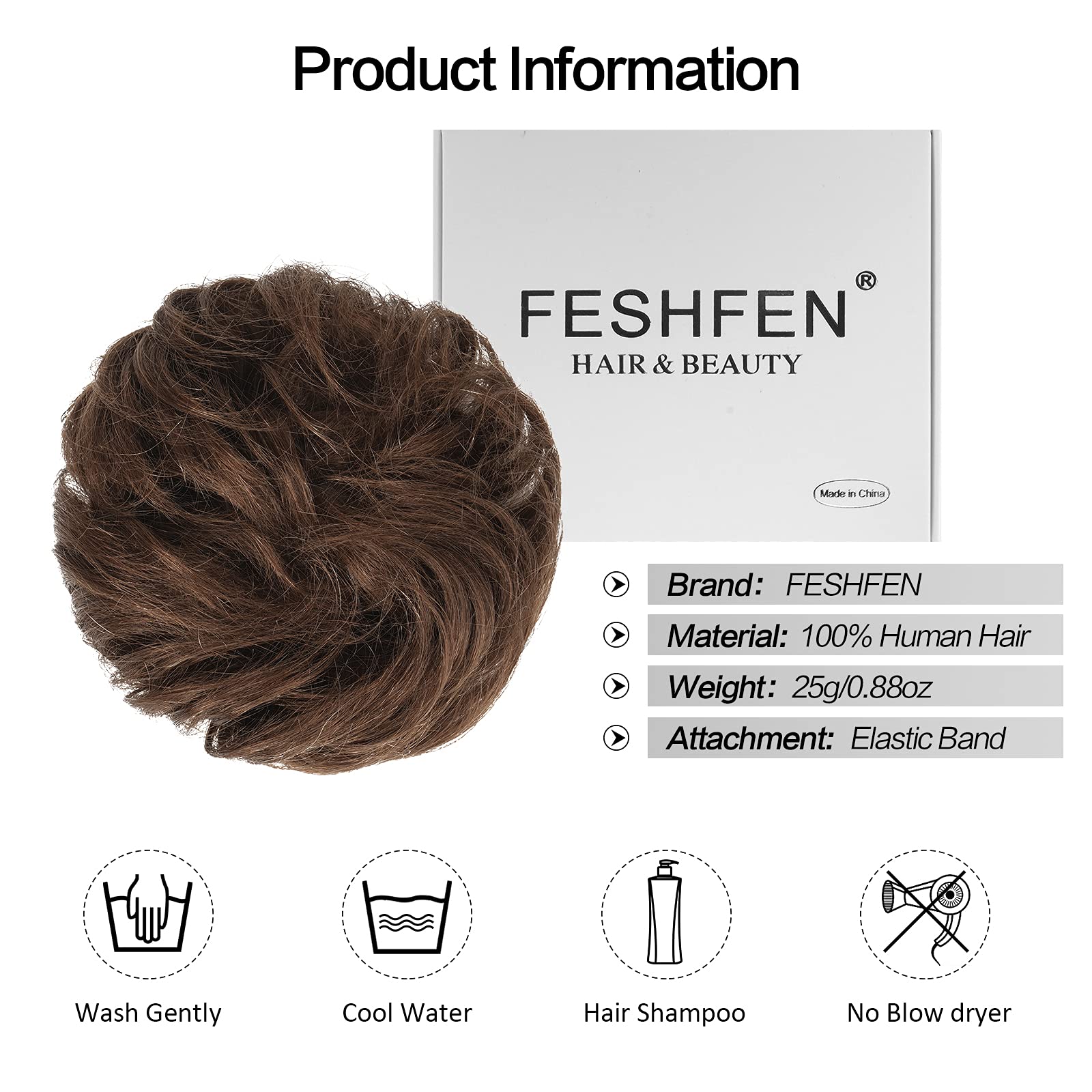 FESHFEN 100% Human Hair Messy Bun - Real Hair Scrunchies, Ponytail Extensions, Wavy Tousled Updo Chignon Hairpieces for Women (Medium Chestnut Brown) - Perfect for Weddings, Parties & Everyday Styling