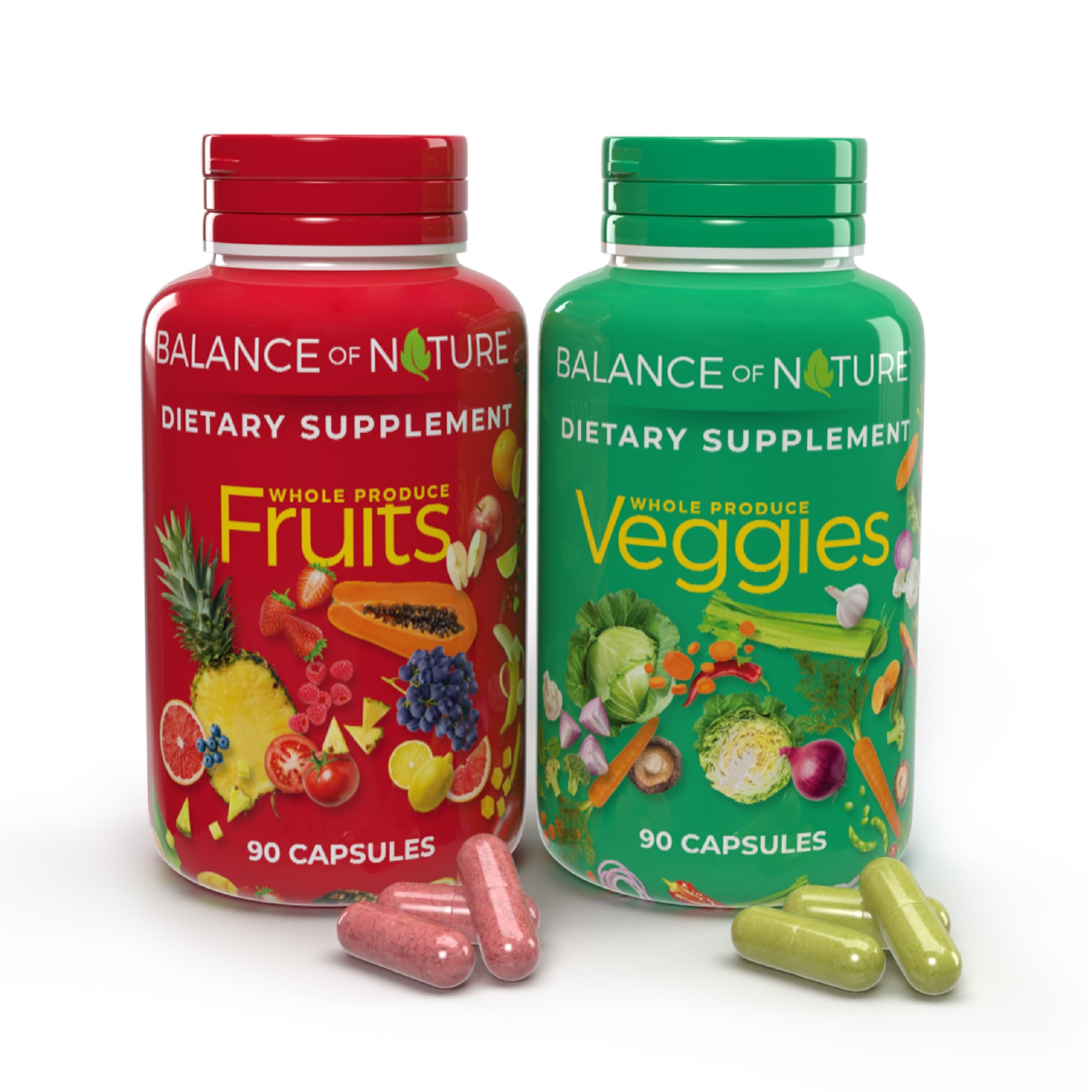Balance of Nature Fruits & Veggies - Whole Food Supplement with Superfood Fruits & Vegetables for Women, Men & Kids - 90 Fruit + 90 Veggie Capsules Set - Boost Energy & Immunity for Active Lifestyles