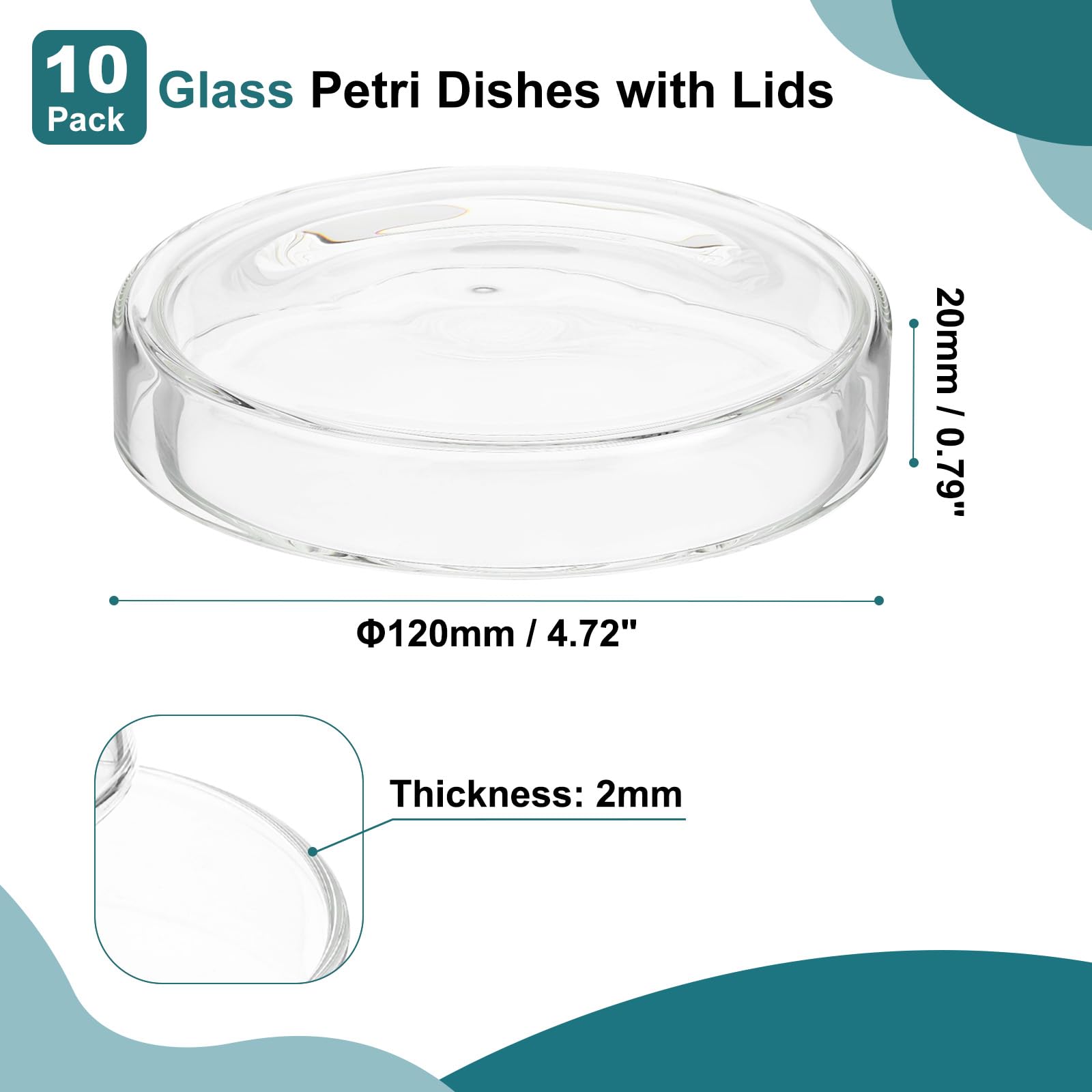 120mm High Borosilicate Glass Petri Dishes with Lids - 10 Pack Lab-Grade Petri Plates for Tissue Culture & Science Experiments | Ideal for Microbiology, Cell Culture & Classroom Labs (Clear)