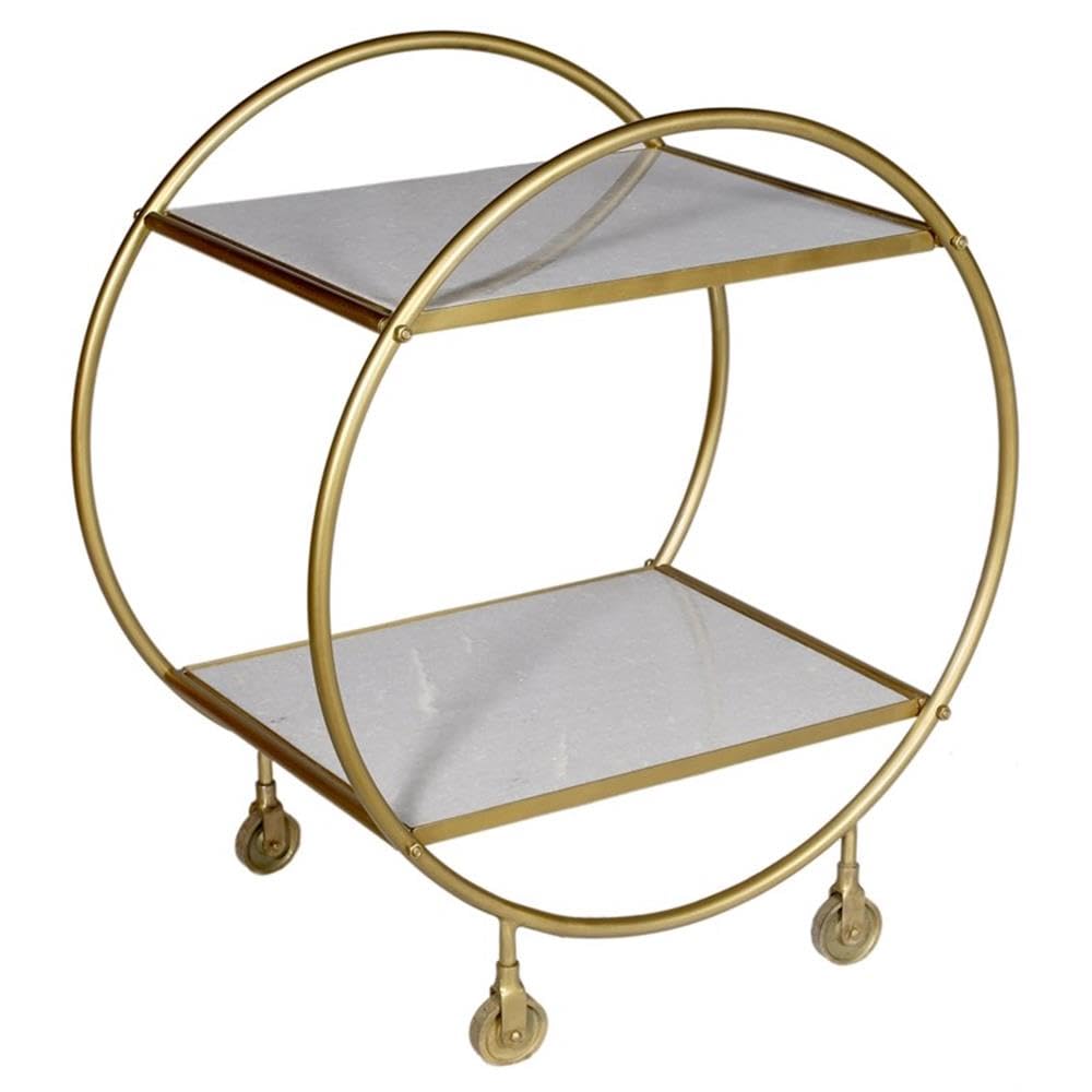 Millie Bar Cart with 2-Tier Marble Top & Cast Iron Frame - Gold Finish | Rolling Drink Cart for Home Bar, Kitchen, or Party Serving