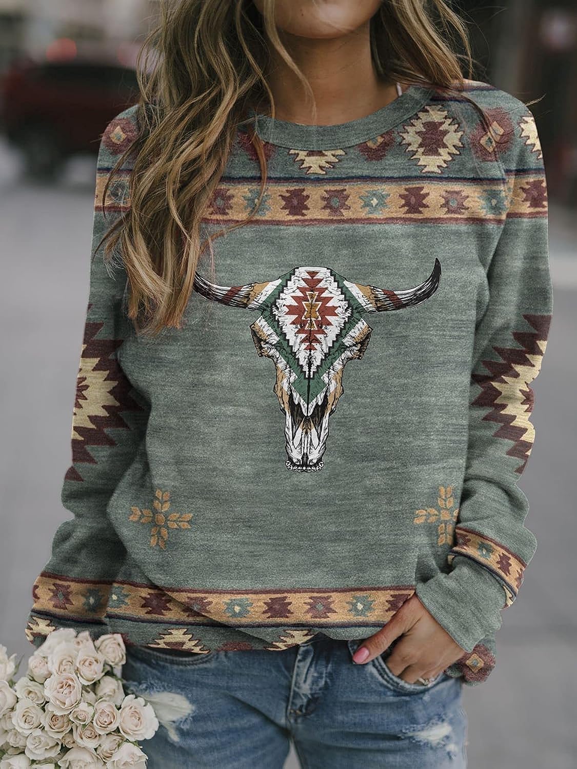 Aztec Sweatshirt for Women - Retro Crewneck Long Sleeve Top for Casual Wear