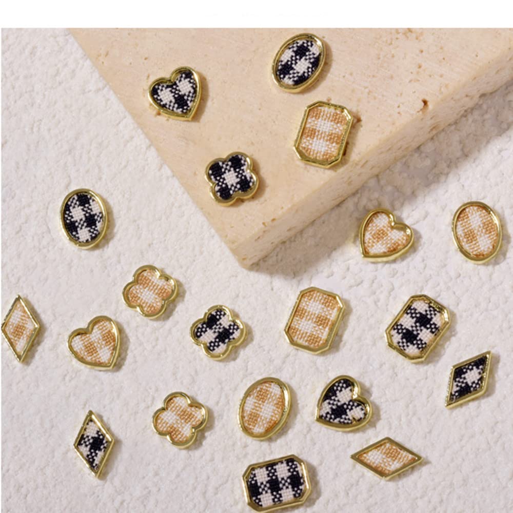 40 Pcs 3D Gold Metal Nail Charms - Nail Art Decorations for Acrylic Nails, Woolen Checkered Design Nail Jewelry - Perfect for DIY Manicures, Nail Salons & Party Nail Art (Gold)