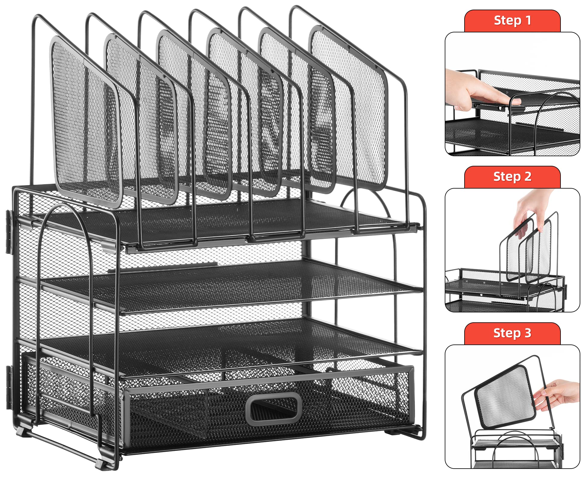 Marbrasse 4-Tier Mesh Desk Organizer with Drawer - 5 Vertical File Holders & 2 Pen Holders - Multifunctional Office Desktop Storage Solution for Home, Office, and Workspace Organization