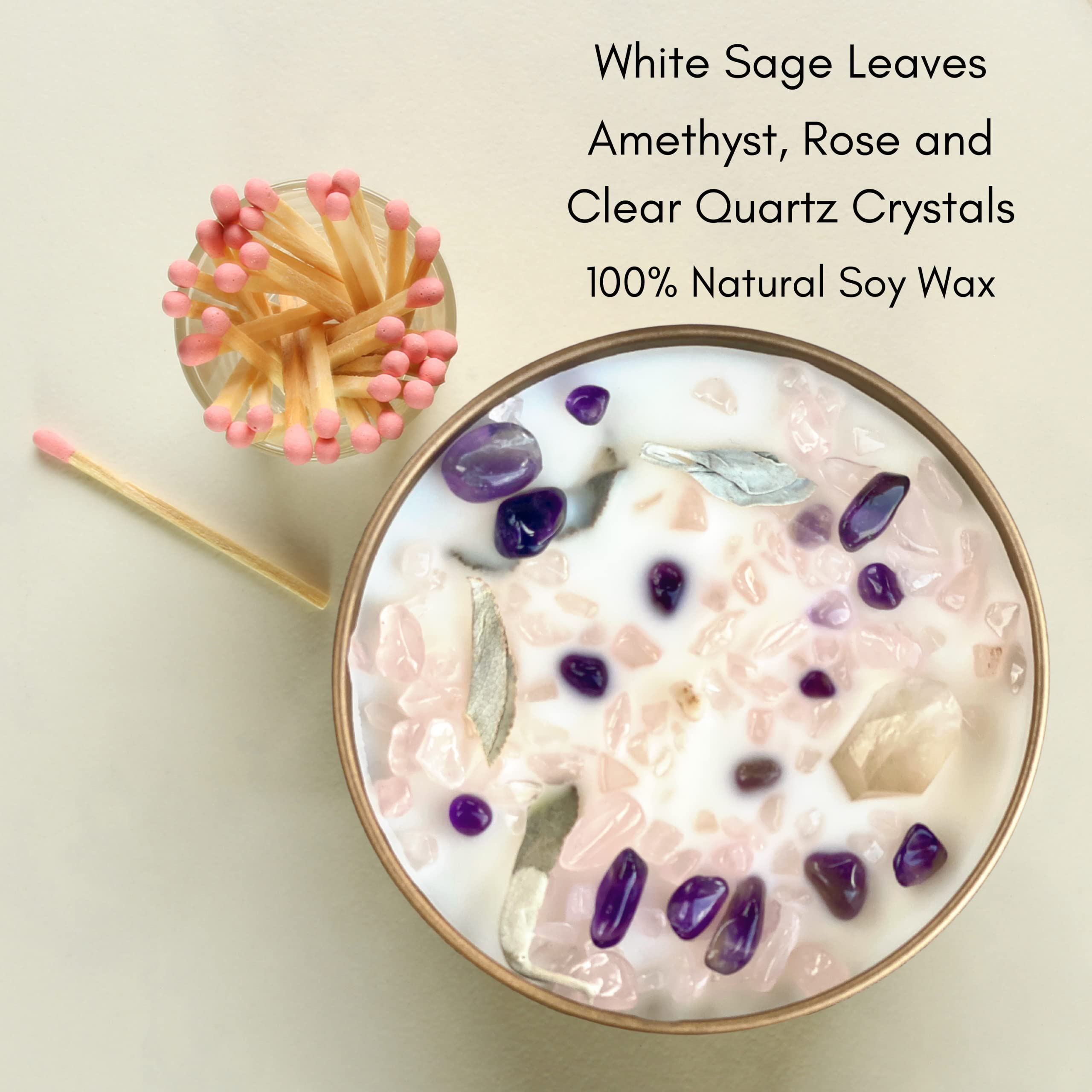 Natural Soy Wax Smudge Candle with White Sage, Sandalwood, Rose Quartz & Amethyst Crystals - 7.8 oz Aromatherapy Candle with Essential Oils (Rose & White) for Meditation, Yoga & Spiritual Cleansing