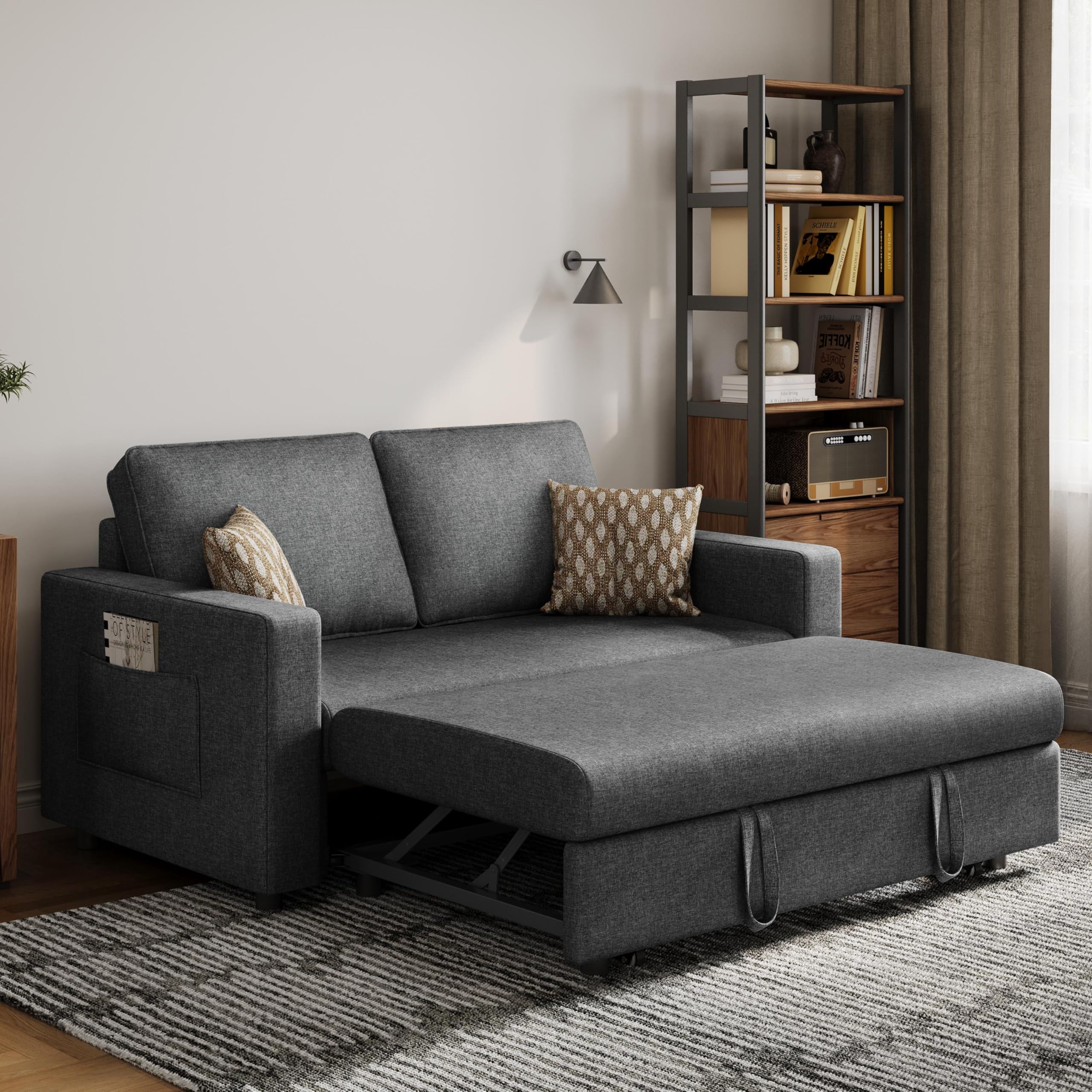 Yaheetech Convertible Sofa Bed with Pull-Out Trundle - Space Saving Sleeper Loveseat for Small Apartments, Living Room, Bedroom & Guest Room - Dark Gray 55.5 Inch - Perfect for Overnight Guests & Studio Apartments