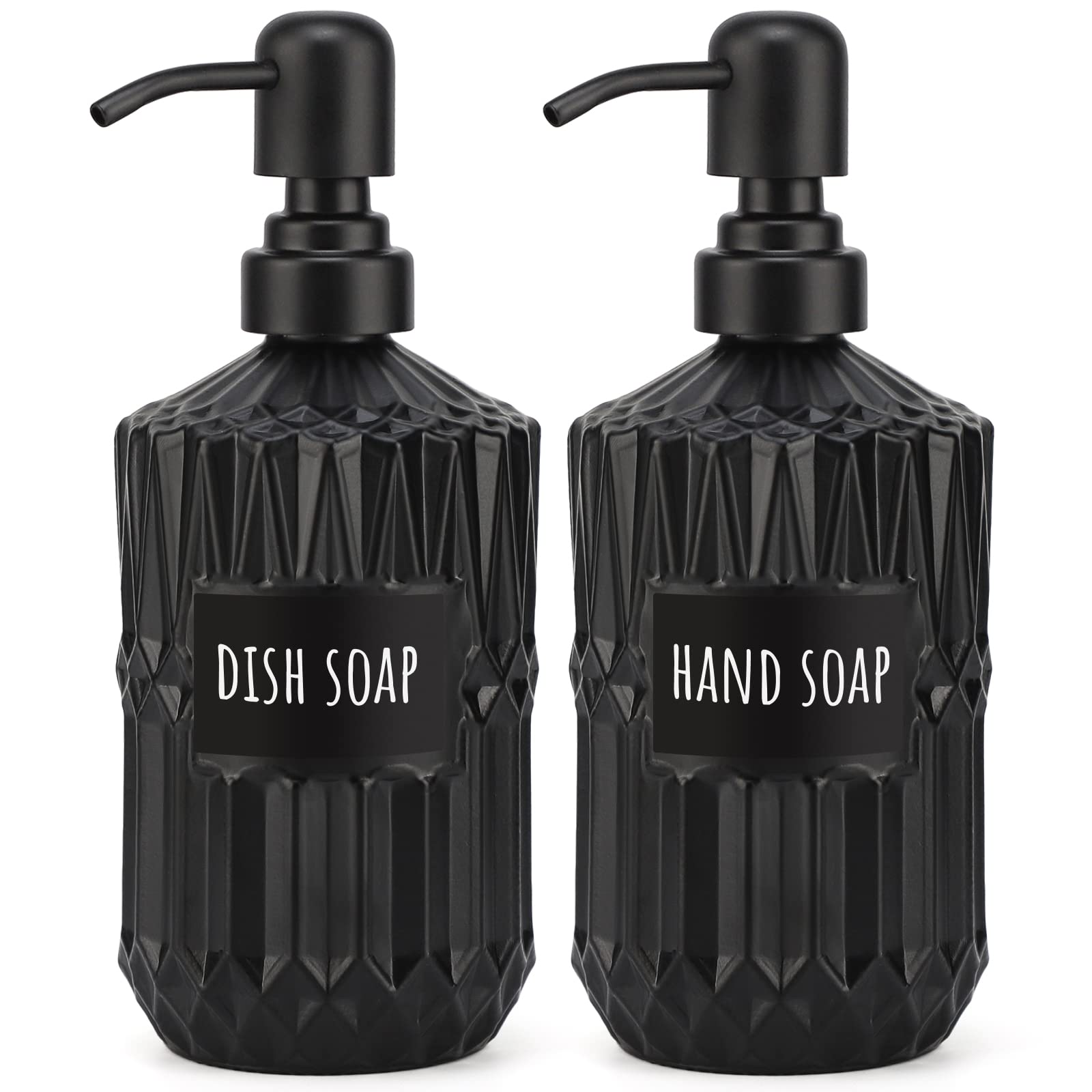 Segbeauty 2-Pack Black Soap Dispenser Set - 15.2oz (450ml) Glass Pump Bottles with Labels for Farmhouse & Modern Home Decor - Refillable Kitchen & Bathroom Accessories - Perfect for Hand Soap, Dish Soap, or Lotion Dispenser in Western Style Homes