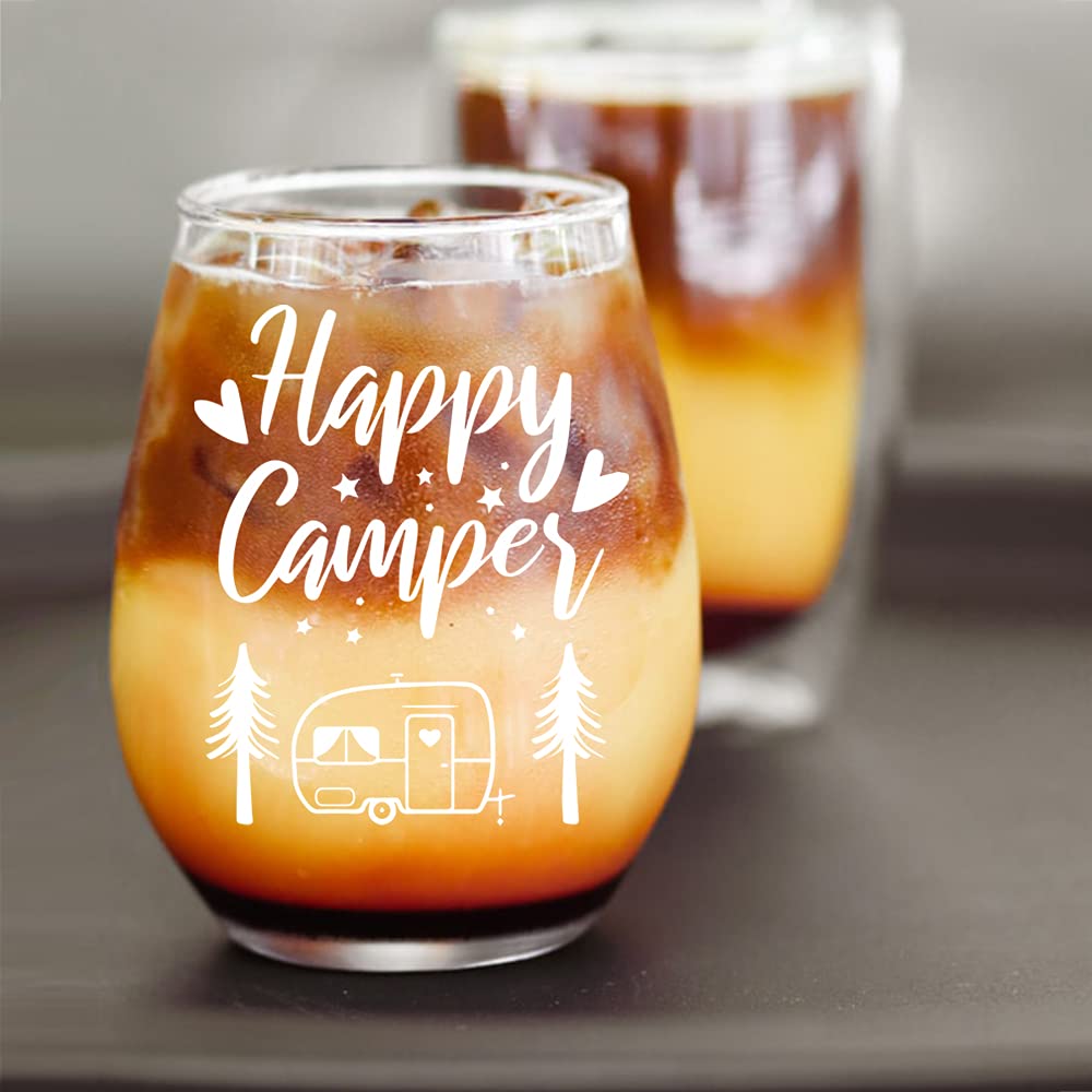 Happy Camper Funny Wine Glass - Birthday Gifts for Women, Sister & BFF - Cute Camping Gifts for Her - Glamping RV Kitchen Accessories - Perfect for Thanksgiving, Christmas & Graduation - Great for Outdoor Adventures, Girls' Night & Wine Tasting Parties