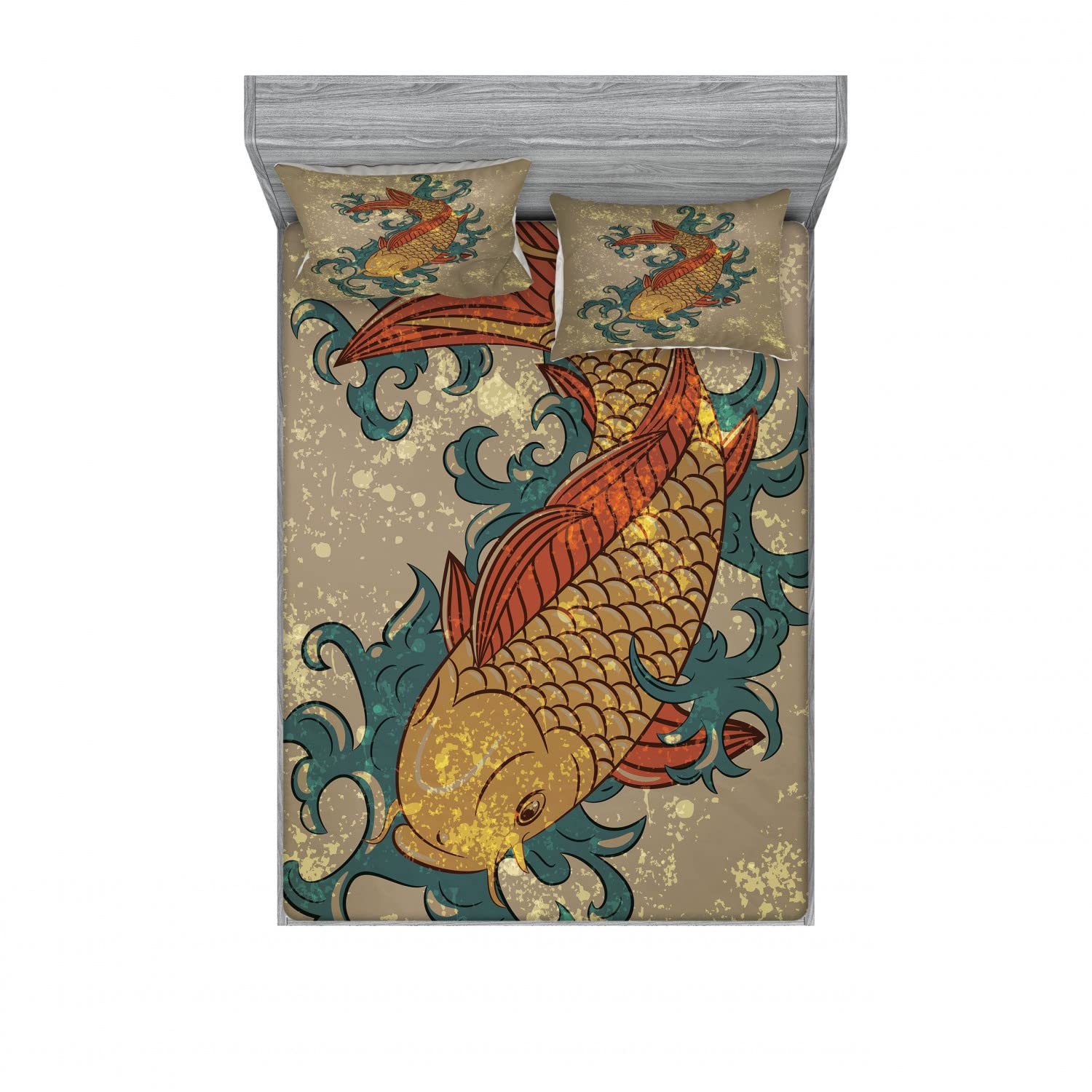 Ambesonne Japanese Koi Fish 2-Piece Queen Fitted Sheet & 4-Piece Pillow Sham Set - Vibrant Multicolor Bedding Decor for Modern Bedroom & Guest Room