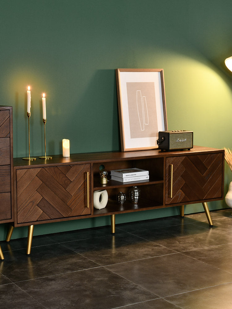 LILAH Herringbone TV Stand - Solid Wood American Ash Media Console with Storage - Perfect for Living Room, Bedroom & Home Theater Setup