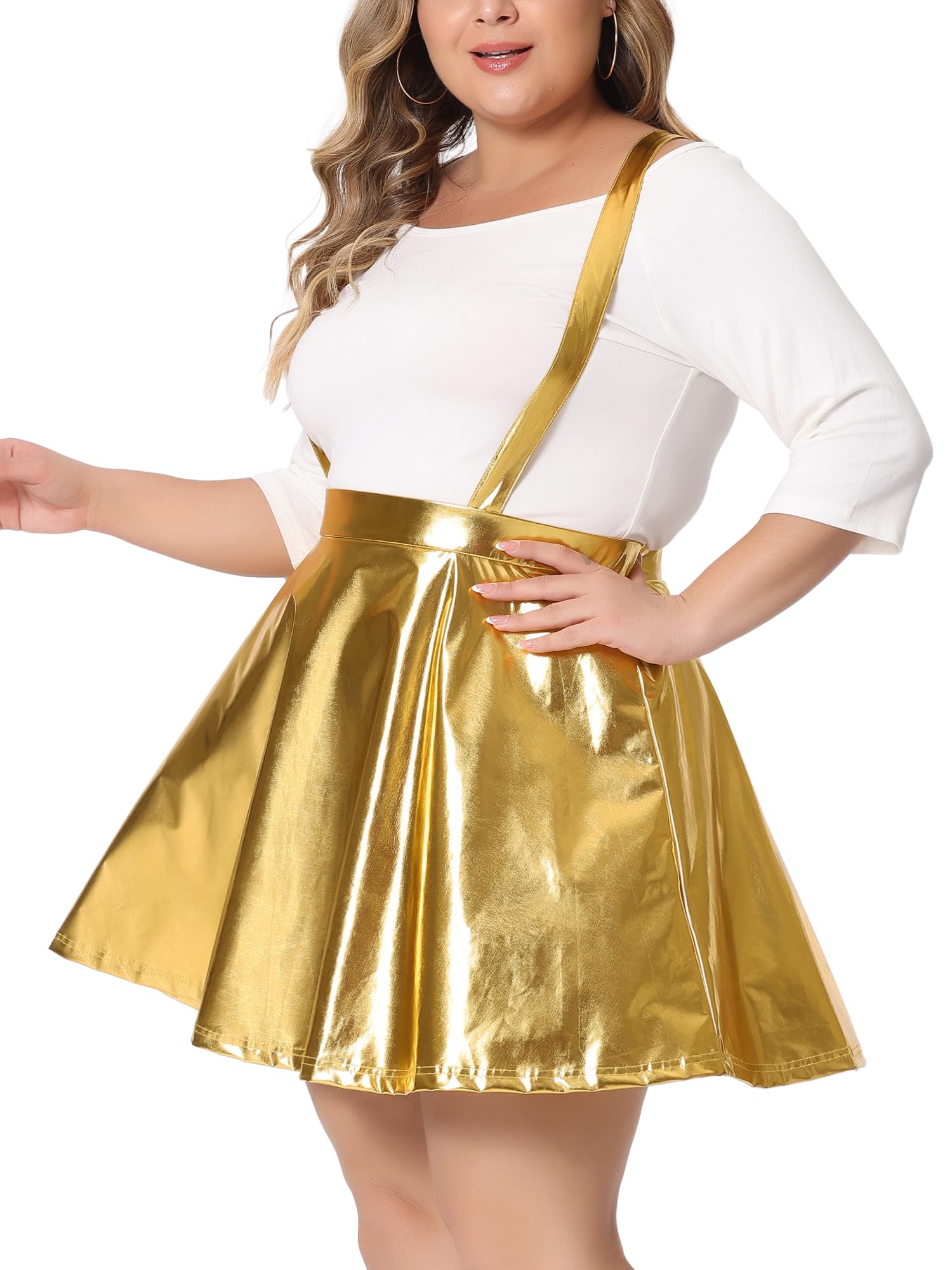 Agnes Orinda Plus Size Shiny Metallic Suspender Skirt for Women - High Waisted Holographic Rave Skirt - Perfect for Club Parties, Festivals & Night Out