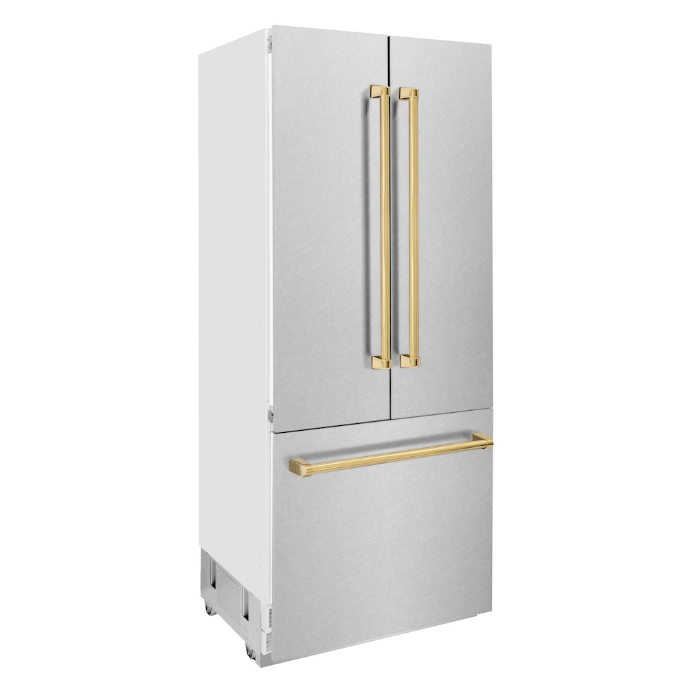 ZLINE Autograph Edition 36 Inch French Door Built-In Refrigerator with Bottom Freezer - 19.6 cu.ft Capacity, Water Dispenser & Ice Maker - Satin Stainless Steel with Polished Gold Accents (RBIVZ SN 36 G) - Perfect for Modern Kitchens & Luxury Homes