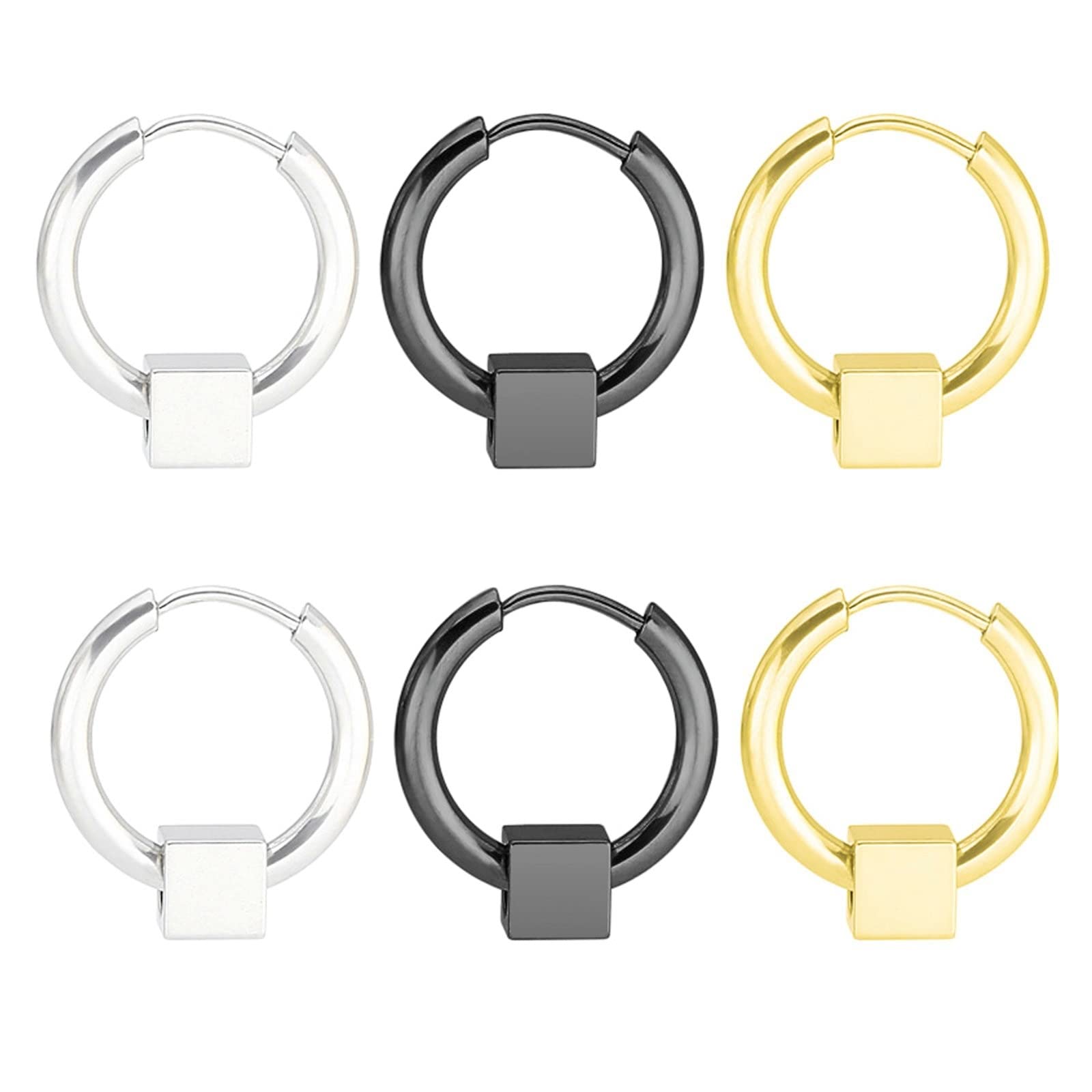 Skcess Titanium-Steel Hoop Earrings for Men - Silver, Black & Gold Square Cube Circle Earrings | Durable Mens Jewelry Gift for Parties, Dating & Everyday Wear