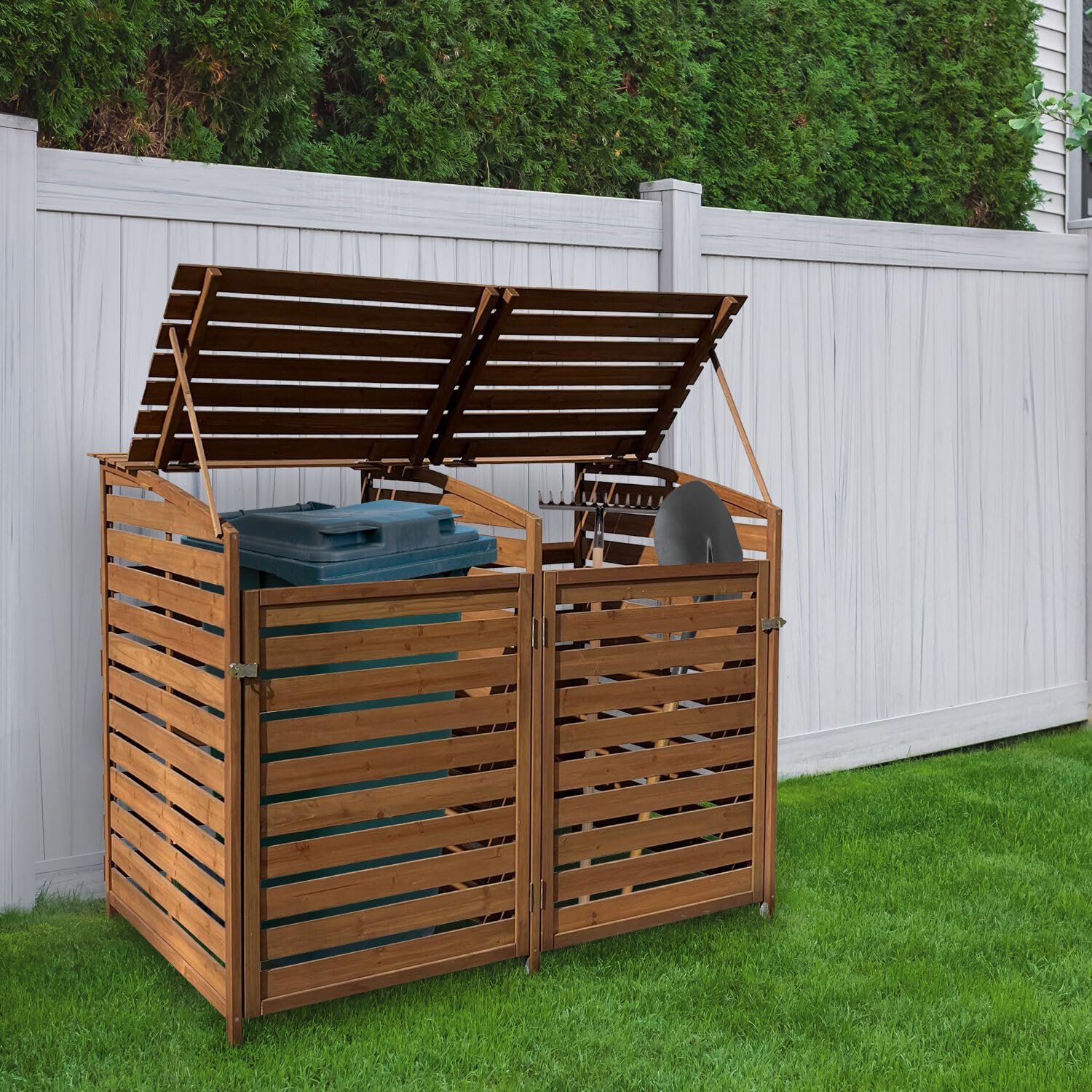 Hanover Outdoor 4.9-ft x 4-ft Weatherproof Wooden Trash Bin & Recycling Storage Shed with Locking Latch - Brown - Perfect for Yard, Carport, Driveway, Garage & Backyard Organization