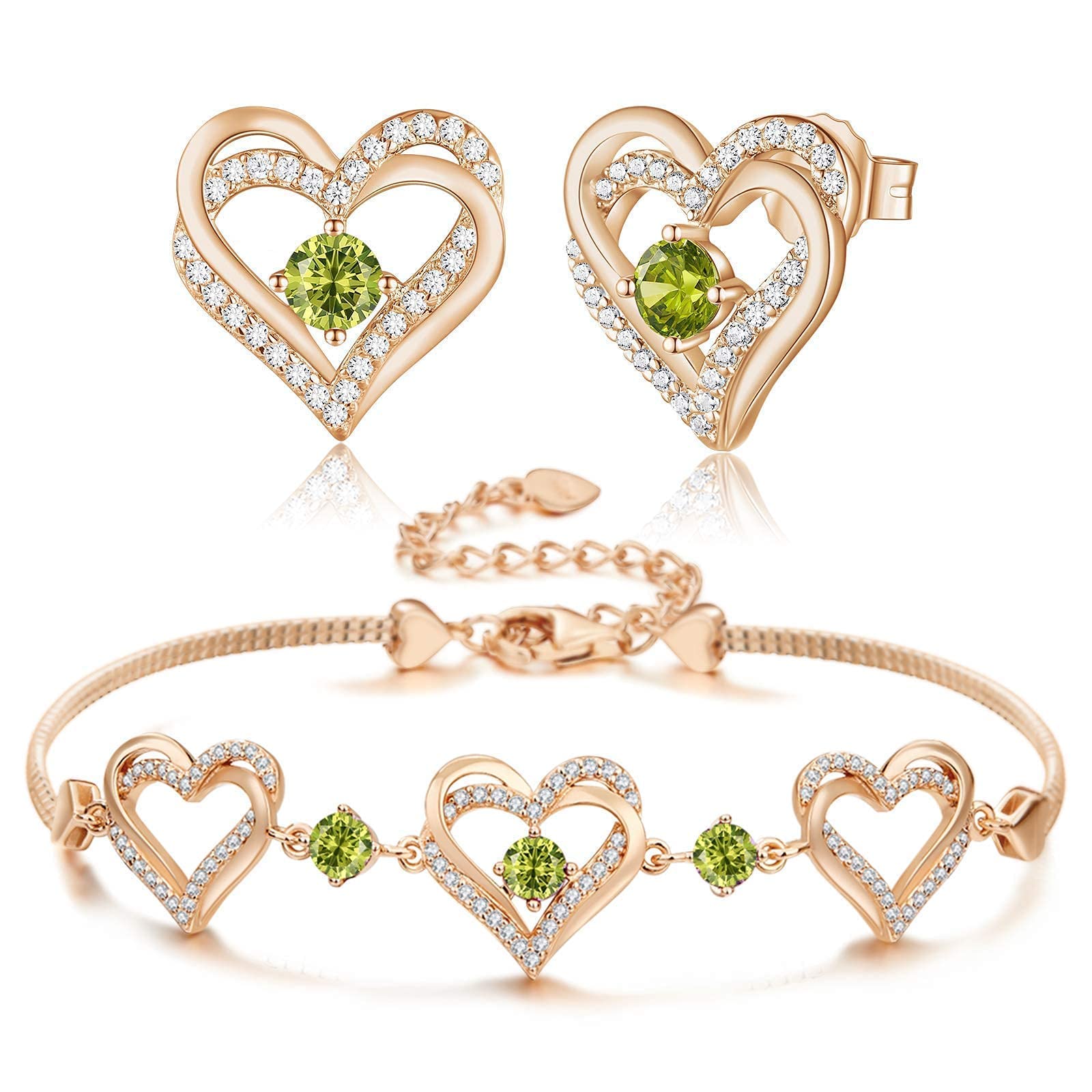 Forever Love Heart Women's Stud Earrings & Bracelet Set - 925 Sterling Silver Rose Gold Plated with 5A Cubic Zirconia Birthstone Jewelry | Perfect Christmas, Birthday Gift for Mom, Wife, Her, Girls | Ideal for Anniversaries, Valentine's Day & Special Occasions