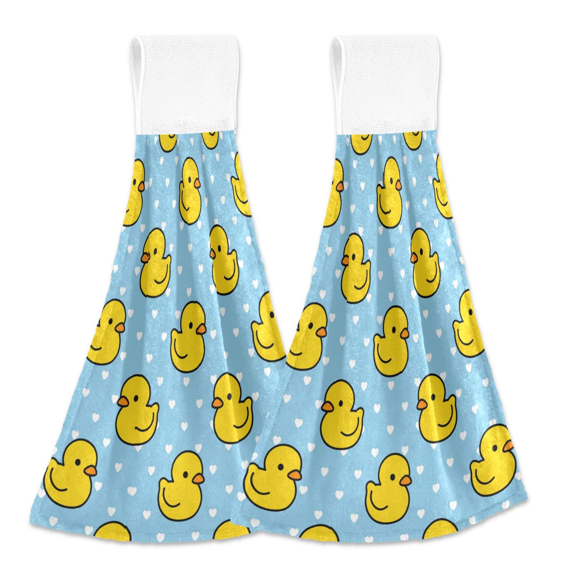 Cute Duck Heart Pattern Kitchen Hand Towels - Set of 2 Absorbent Hanging Towels with Hook & Loop for Bath & Kitchen | Perfect for Dish Drying, Hand Wiping & Decorative Home Use