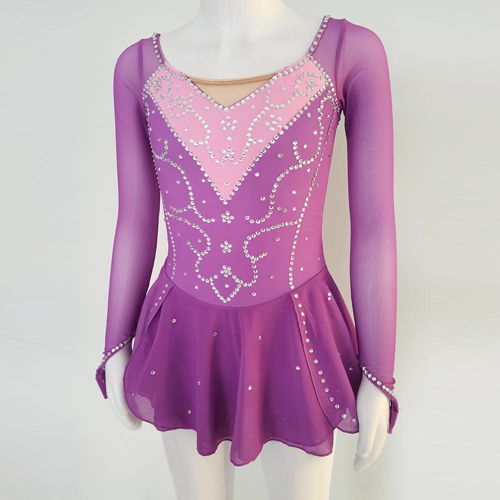Elegant Purple Figure Skating Skirt with Mesh Finger Sleeves - Diamond Competition Performance Dress for Ice Shows & Dance Routines