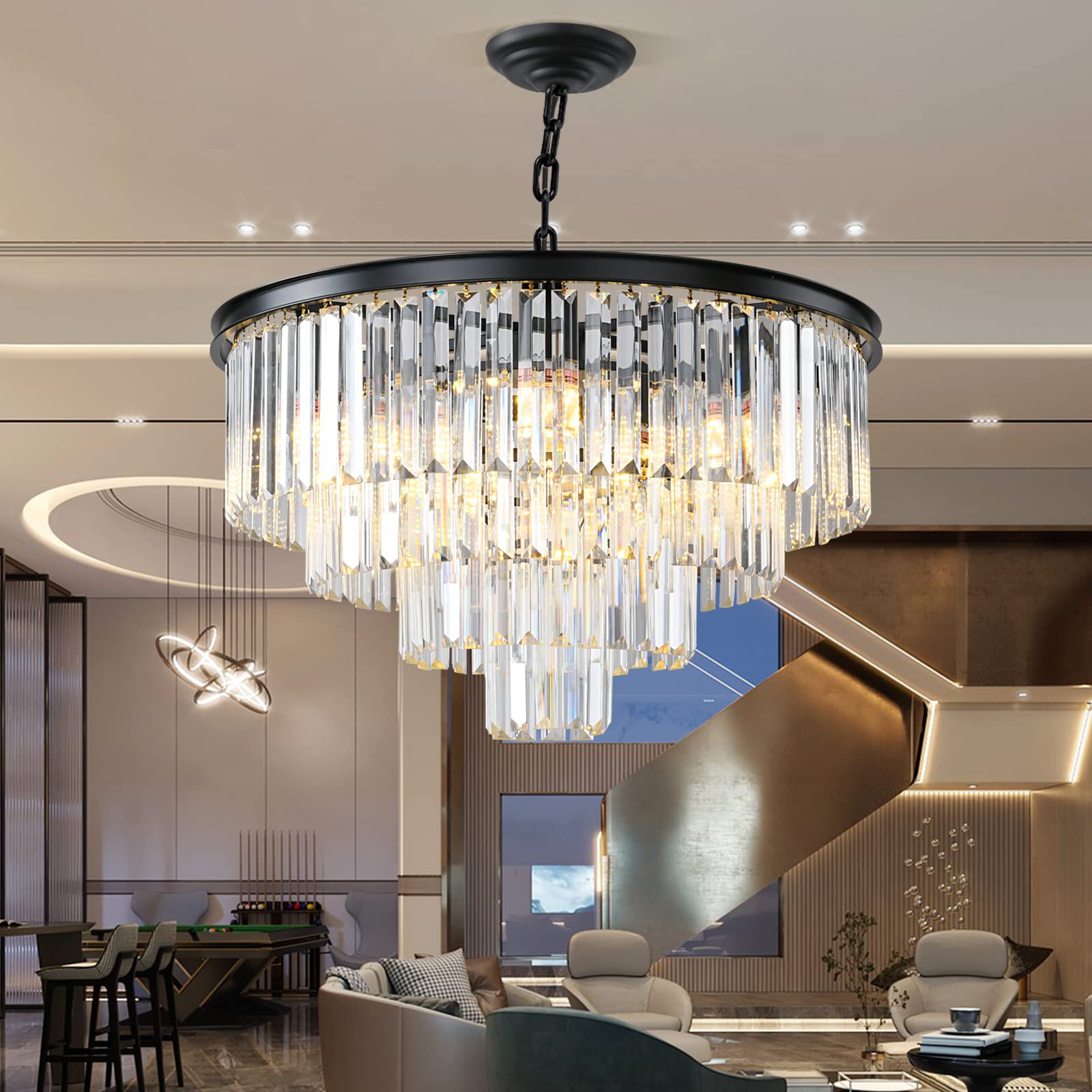 Modern Black Crystal Chandelier - 4-Tier Round Flush Mount Ceiling Light with Adjustable Height, Elegant Pendant Lighting for Dining Room, Living Room, Bedroom, Kitchen, Hotel Lobby | Perfect for Home Decor, Wedding Venues & Luxury Interior Design