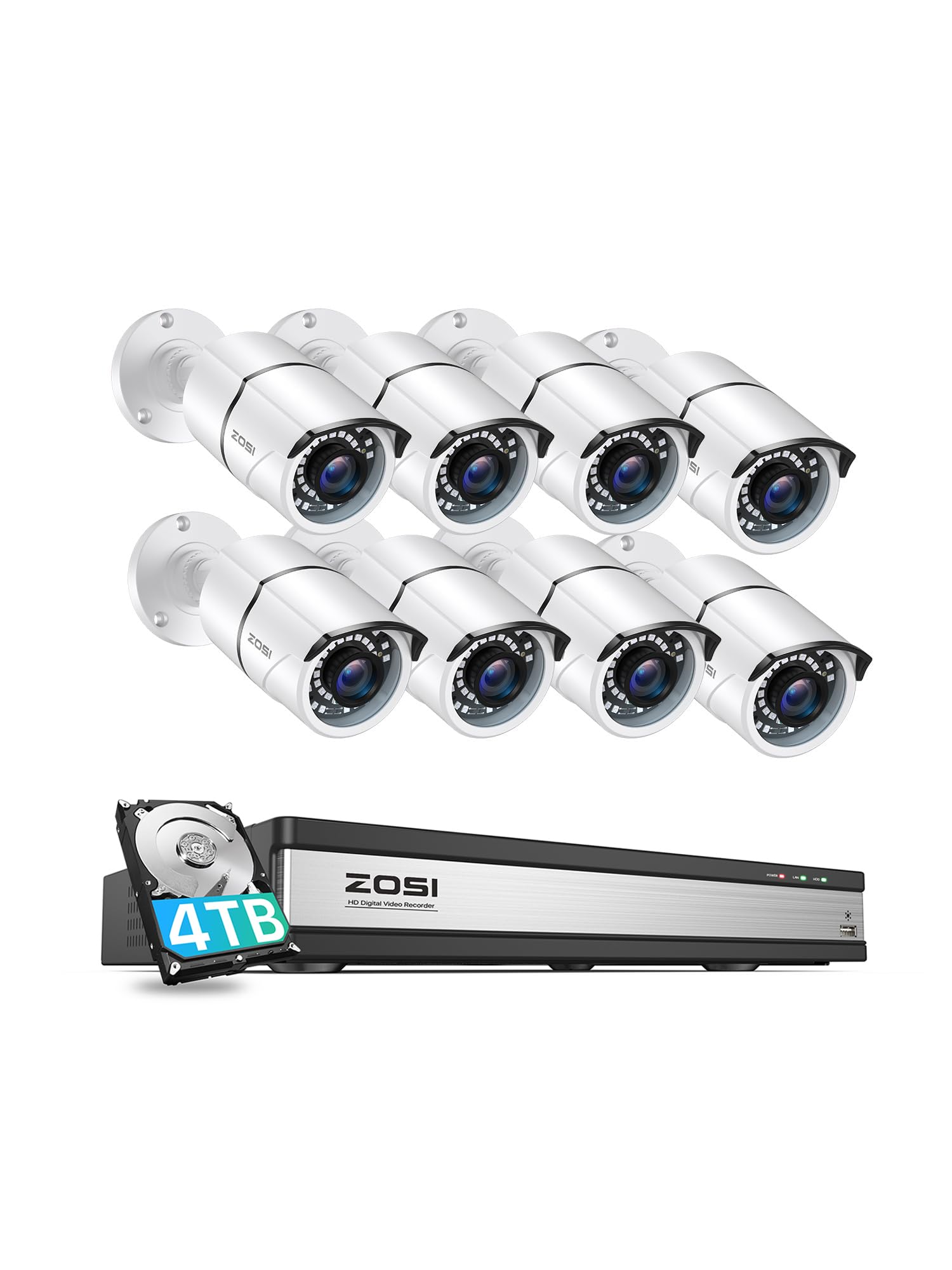 ZOSI H.265+ 16 Channel Security Camera System with AI Human & Vehicle Detection, 16CH Hybrid DVR & 4TB Hard Drive, 8 x 1080p Indoor Outdoor Surveillance Cameras with 120ft Night Vision & Remote Access - Ideal for Home Security, Business Monitoring & 24/7 Property Protection