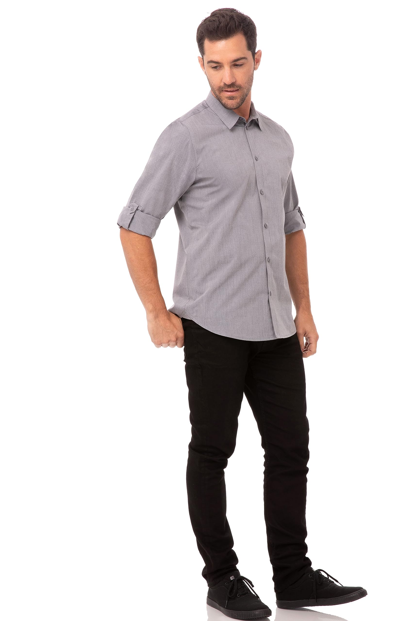 Chef Works Men's Modern Chambray Dress Shirt - Professional Slim Fit Button Down Oxford Shirt for Business, Office & Formal Occasions