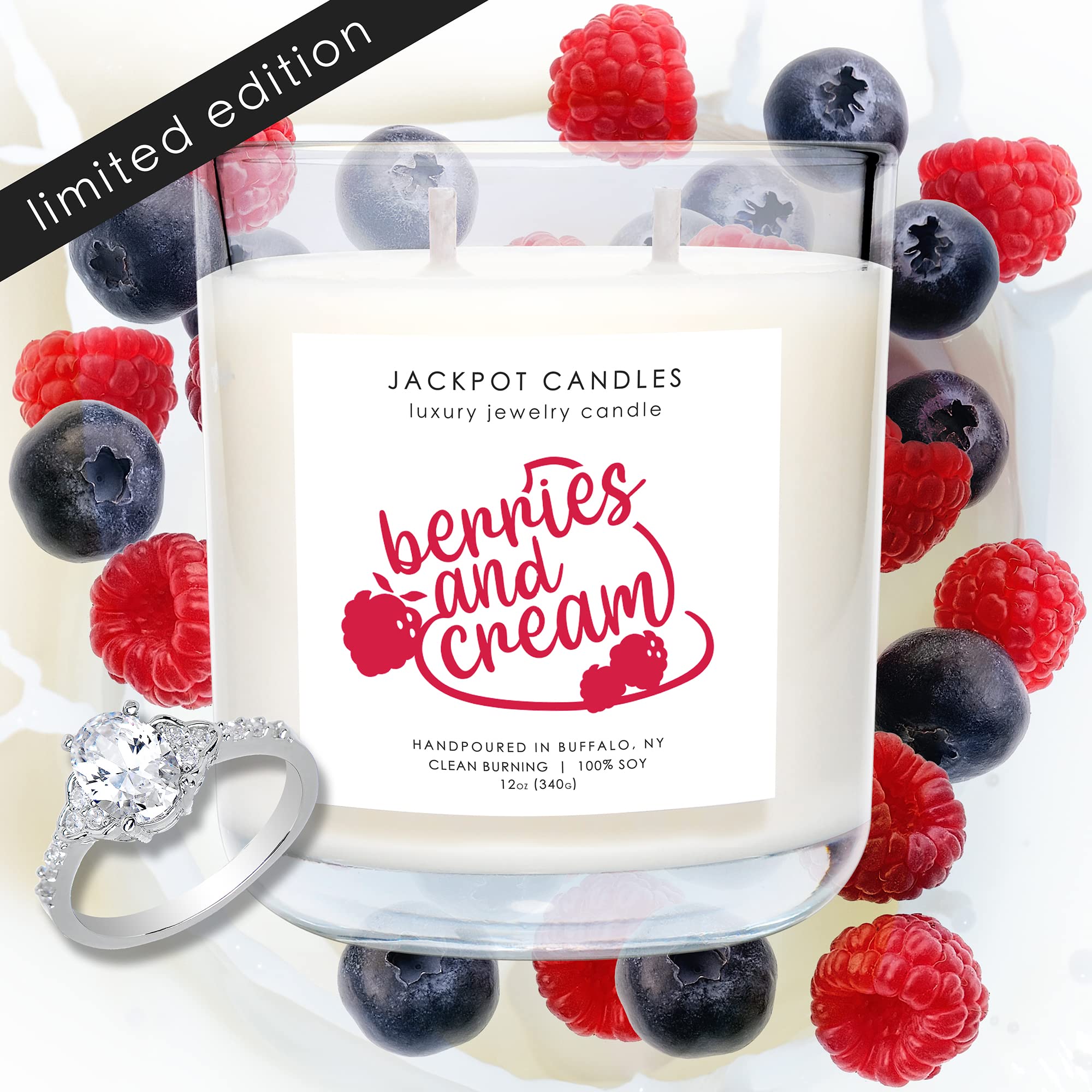 Jackpot Candles Berries and Cream Scented Soy Candle with Hidden Ring Inside (Surprise Jewelry Prize Worth $15-$5,000) - Ring Size 6 - Perfect for Birthday Gifts, Anniversary Presents & Home Decor