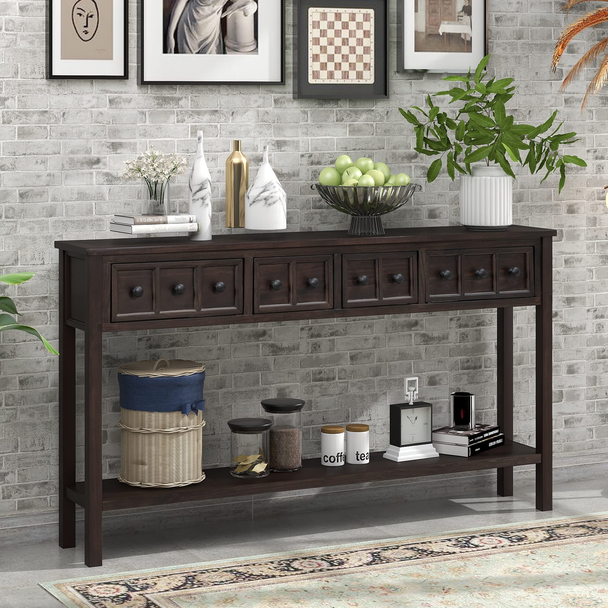 P PURLOVE 60 Inch Modern Console Table with 4 Drawers & Bottom Shelf - Entryway Sofa Table for Living Room, Bedroom, Hallway - Perfect for Storage & Home Decor Organization