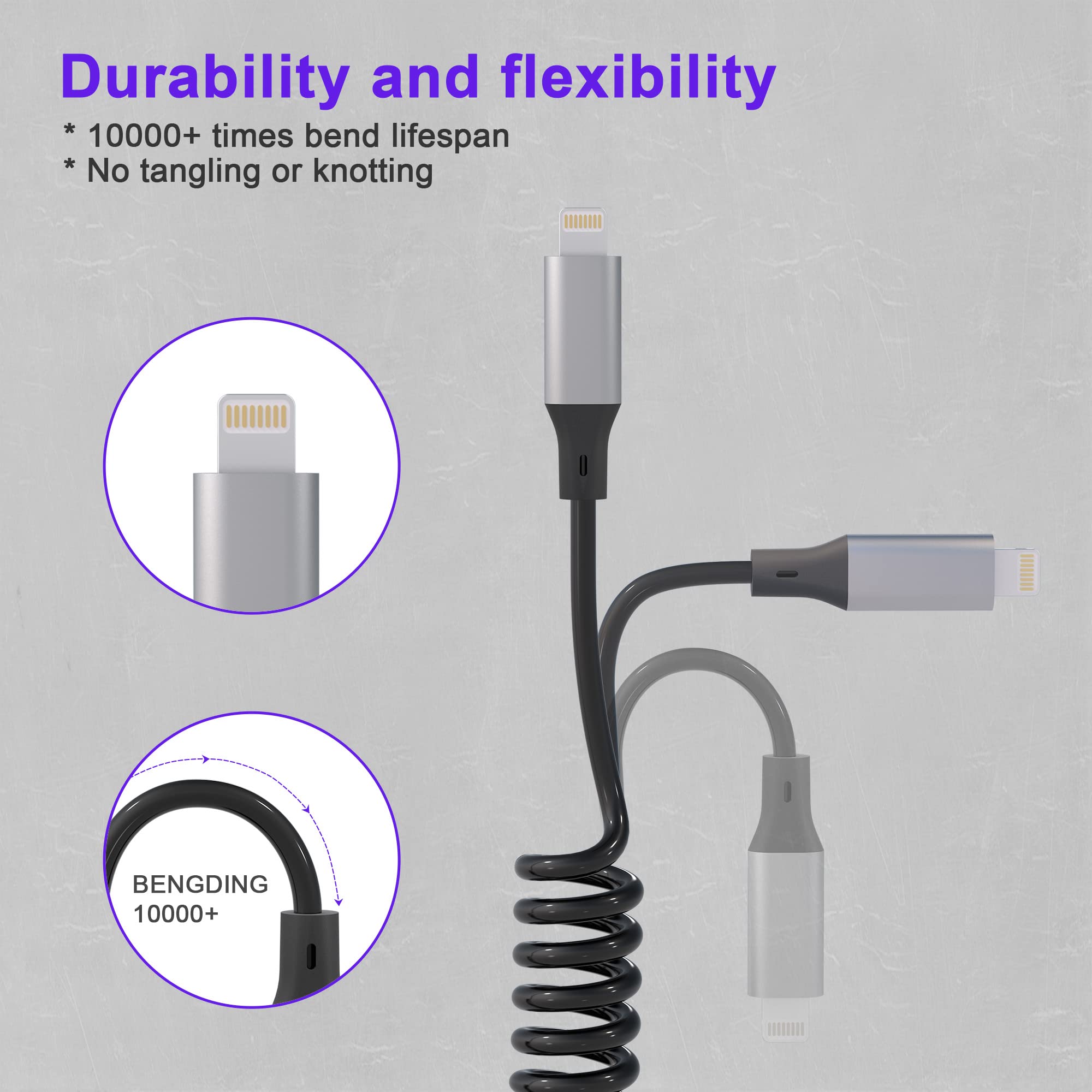 Apple MFi Certified Coiled Lightning Cable - Retractable iPhone Charger with Fast Charging & Data Sync, Short iPhone Charging Cord Compatible with iPhone/iPad/iPod (Perfect for Carplay, Home & Office Use)