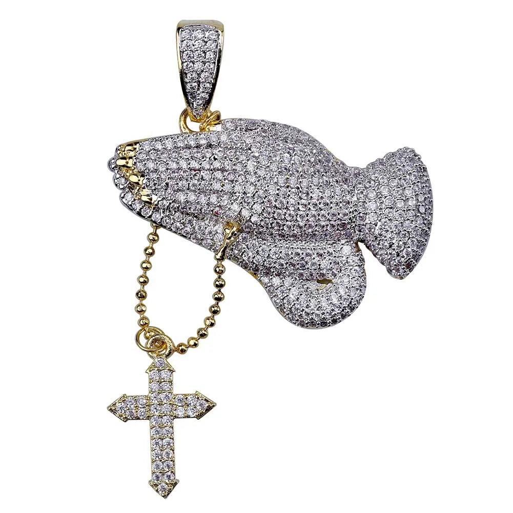 Iced Out CZ Praying Hands Cross Pendant Necklace - Elegant Religious Jewelry for Women - Perfect for Church, Weddings & Special Occasions