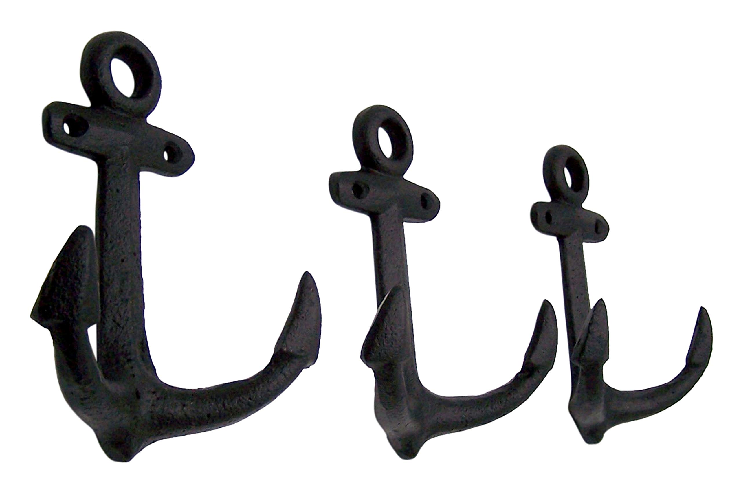 Nautical Cast Iron Ship Anchor Wall Hooks - Set of 3 (6 Inch, Black) - Perfect for Beach House Decor, Boat Accessories & Coastal Themed Home Decor