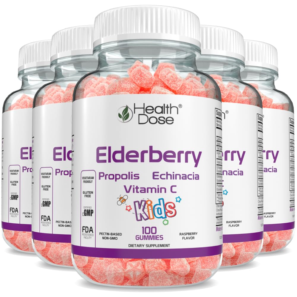 Organic Elderberry Sambucus Gummy Vitamins for Kids - 100 Gummies with Propolis Extract, Echinacea & Vitamin C | Delicious Raspberry Flavor | Vegan, Gluten-Free Immune Support Booster | Pack of 5 | Perfect for Daily Immunity Defense & School Lunchboxes