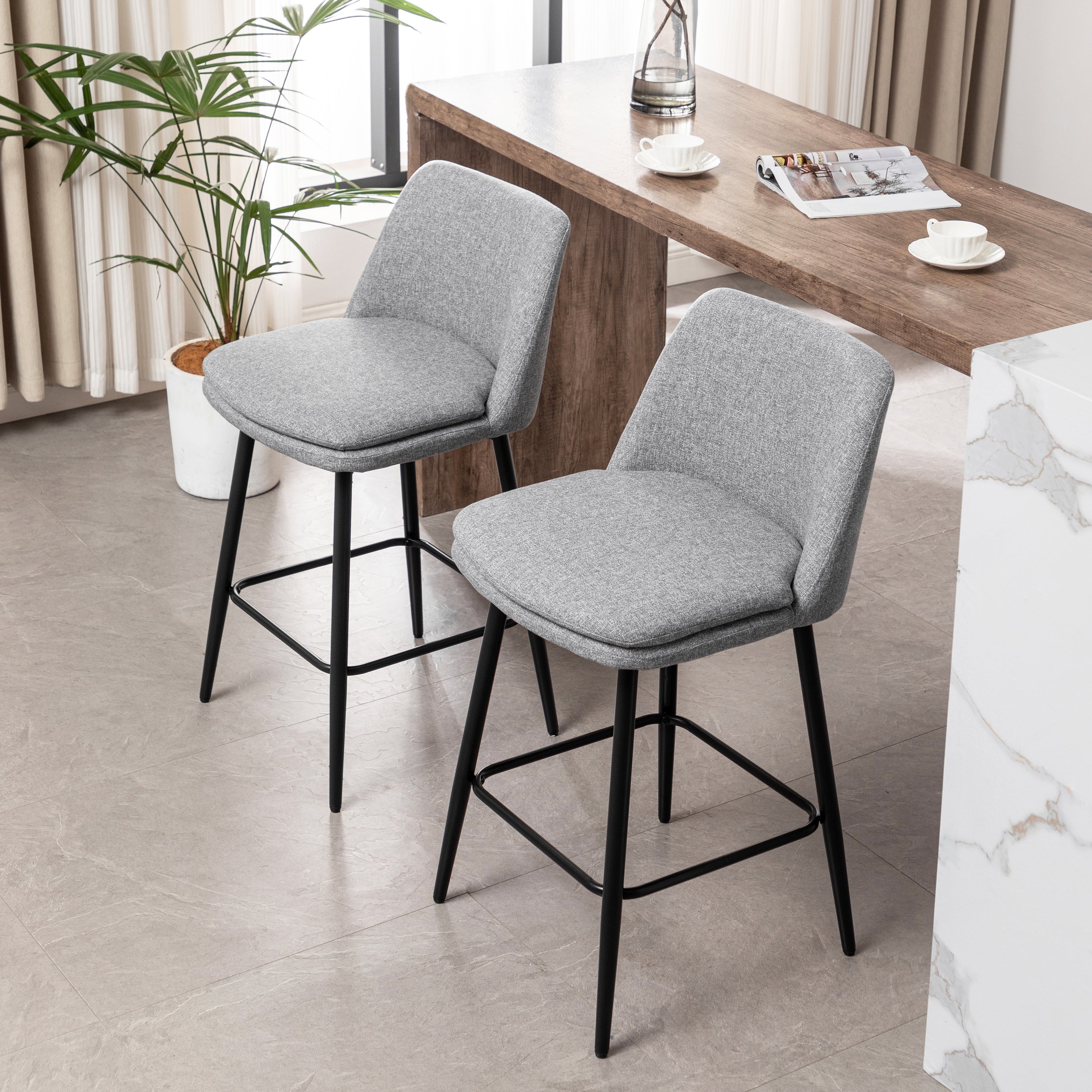 360° Swivel Counter Height Bar Stools Set of 2 - Upholstered with Back Support & Sturdy Metal Legs, 25.6