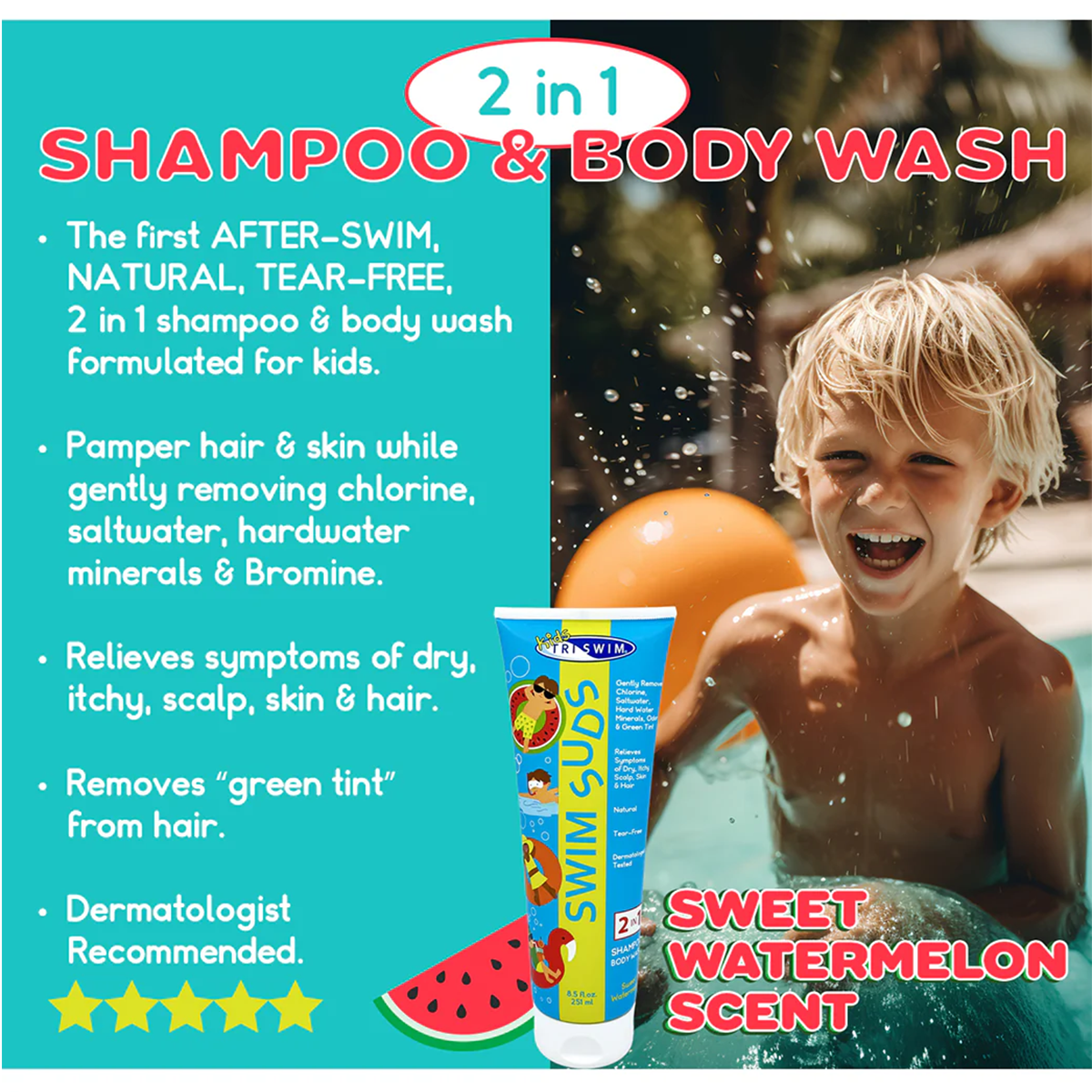 8.5oz Kids Natural Tear-Free Shampoo & Body Wash - Gentle for Sensitive Skin, Perfect for Swimming, Bath Time & Daily Use