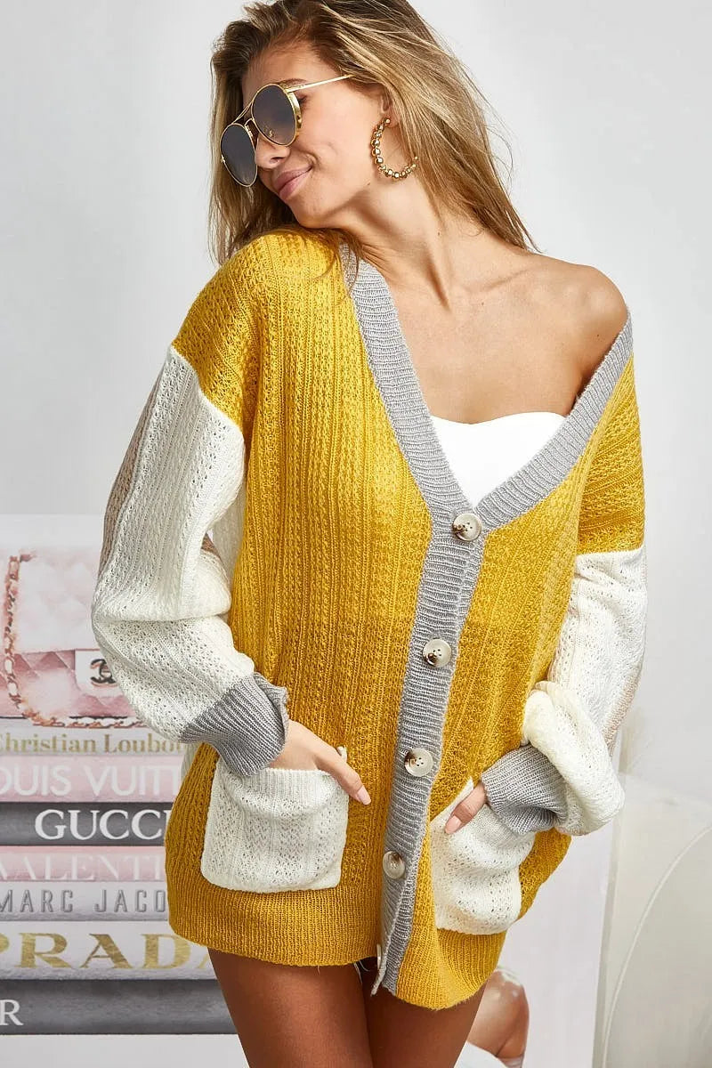 Stylish BiBi Color Block Sweater Cardigan with Button Closure - Cozy Knitwear for Women | Perfect for Fall Outfits, Office Wear & Casual Dates