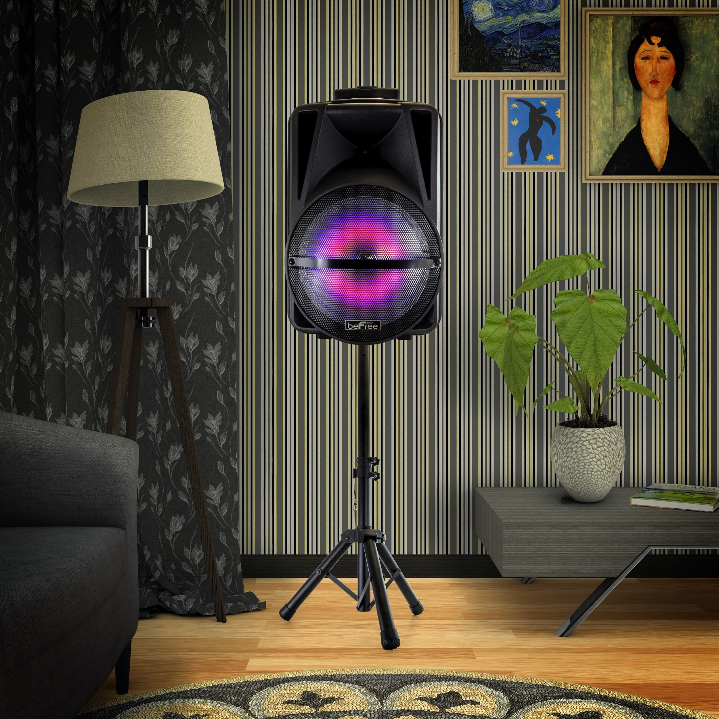 beFree Sound 12 Inch Bluetooth Portable PA Speaker with Rechargeable Battery, LED Lights & Stand - Perfect for Outdoor Parties, Events & DJ Performances
