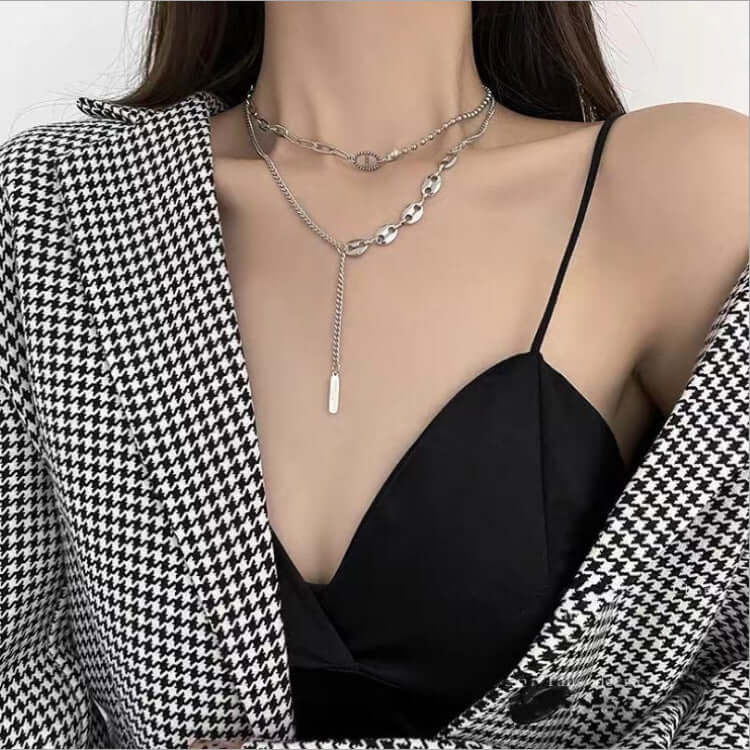 Asymmetric Silver Tassel Pig Nose Layered Chain Necklace for Women - Trendy Boho Chic Jewelry Gift for Party, Date Night & Special Occasions | X1123