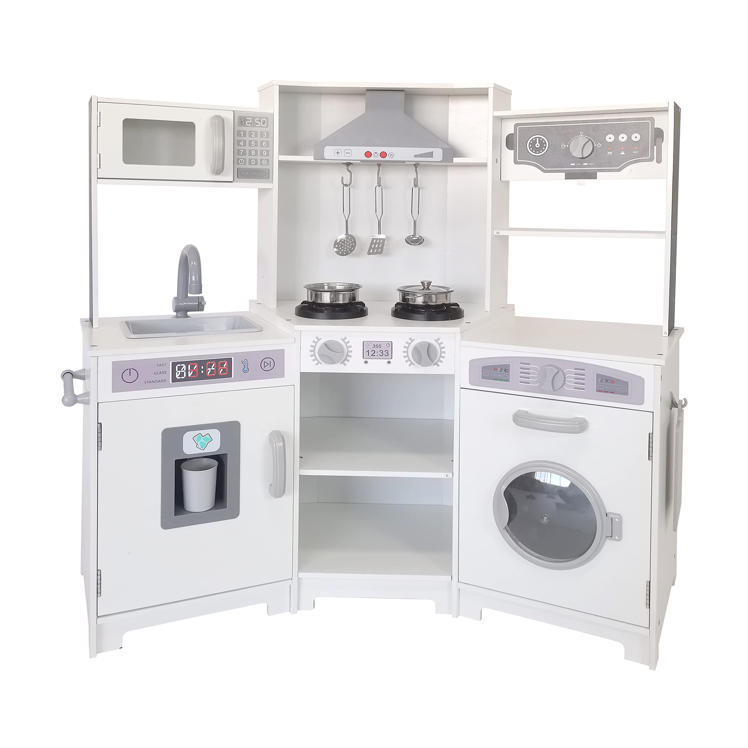 TaoHFE White Wooden Play Kitchen Set for Kids - Interactive Corner Kitchen with Lights, Sounds, Washing Machine & Chalkboard | Pretend Cooking Toy for Toddlers Ages 3+ | Perfect Gift for Boys & Girls | Great for Role Play, Birthday Parties & Early Learning