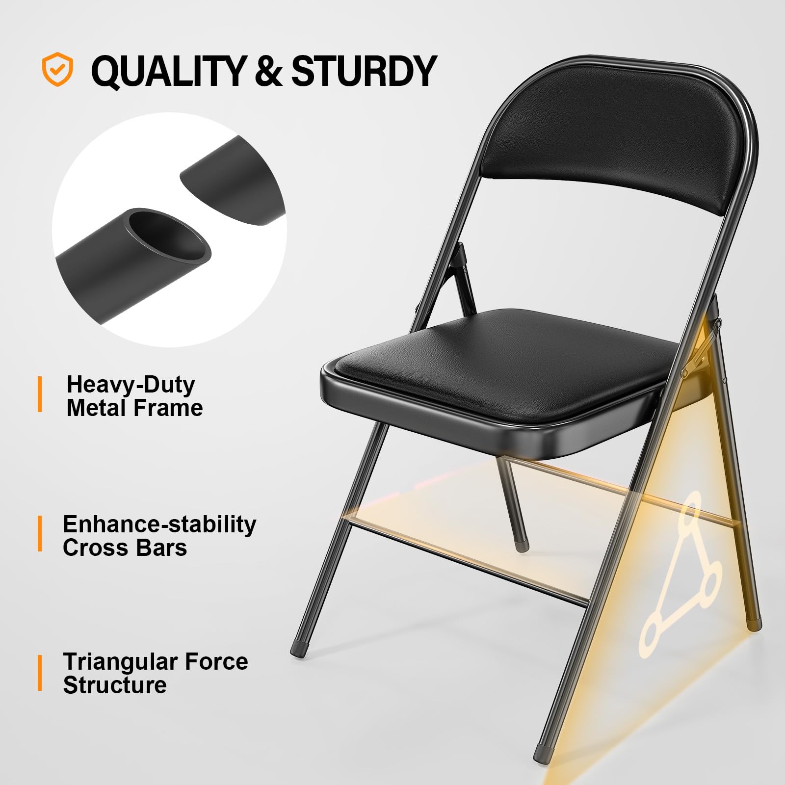VINGLI 4 Pack Heavy Duty Folding Chairs with Padded Seats - 350 lbs Capacity Metal Frame PU Leather Chairs for Indoor Outdoor Events, Parties, Camping, Picnics - Set of 4 Black