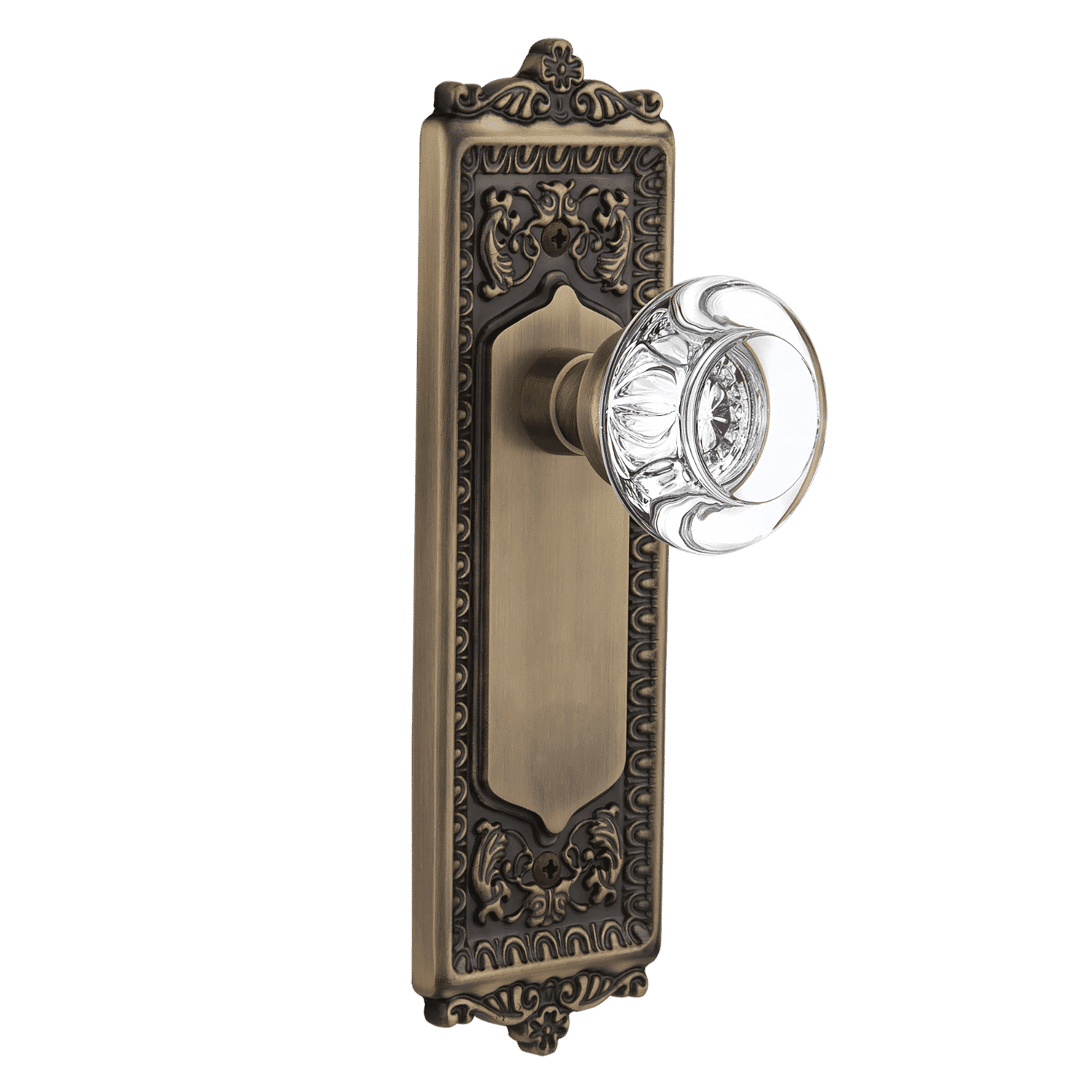 Antique Brass Egg & Dart Long Plate with Round Clear Crystal Knob - Elegant Cabinet Hardware for Vintage Style Kitchens & Bathrooms
