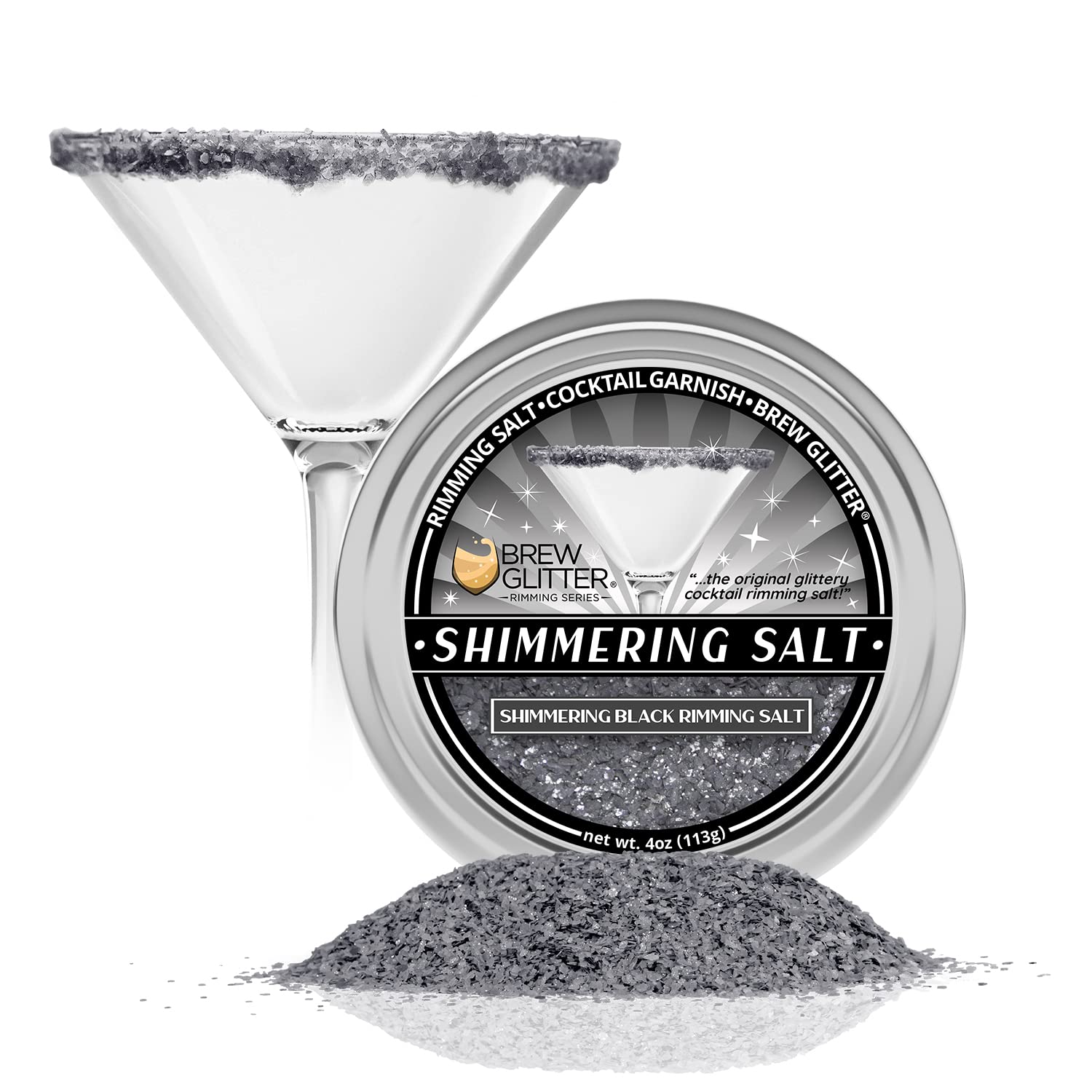 Edible Glitter for Cocktails - Shimmering Black Rimming Salt (4oz, 1x Bar Tin) | Brew Glitter Drink Garnish for Margaritas, Martinis & Beverages | Perfect for Parties, Bars & Home Mixology