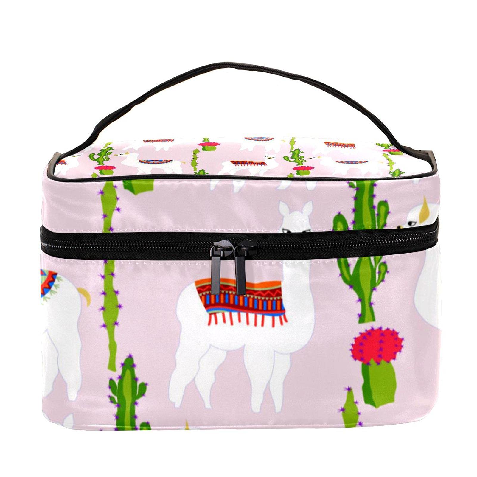 Stylish Tribal Llama Cactus Print Travel Makeup Bag - Large Cosmetic Organizer with Zipper for Women & Girls | Perfect for Vacation, Gym, Beach & Daily Essentials Storage (Green & Pink Pattern)