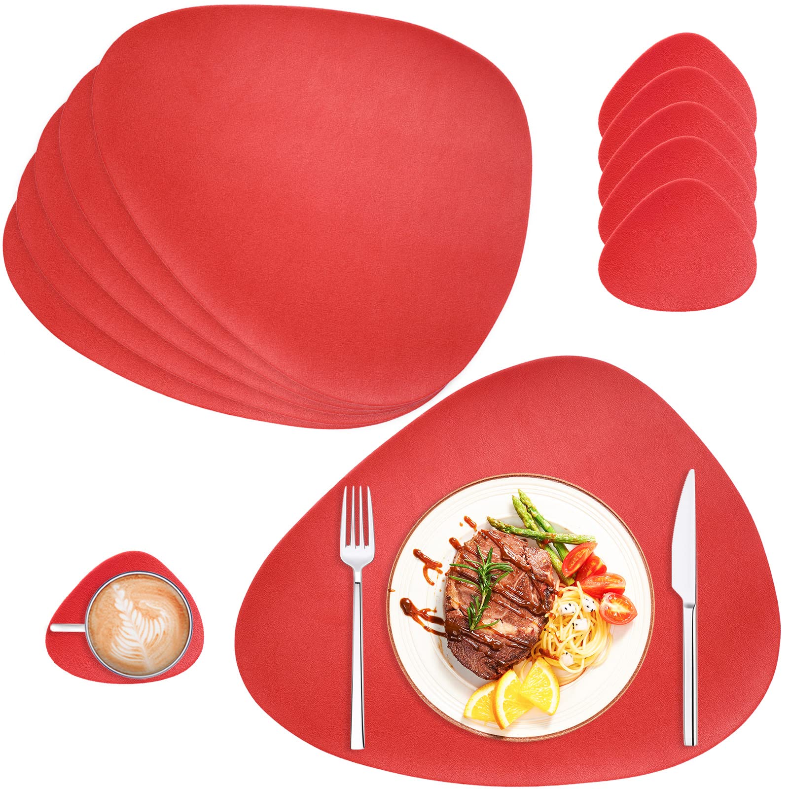 AHHFSMEI Set of 6 Faux Leather Placemats - Heat-Resistant, Non-Slip, Washable & Waterproof Dining Table Mats with 6 Coasters (Red) - Perfect for Home, Restaurant, Office & Outdoor Use