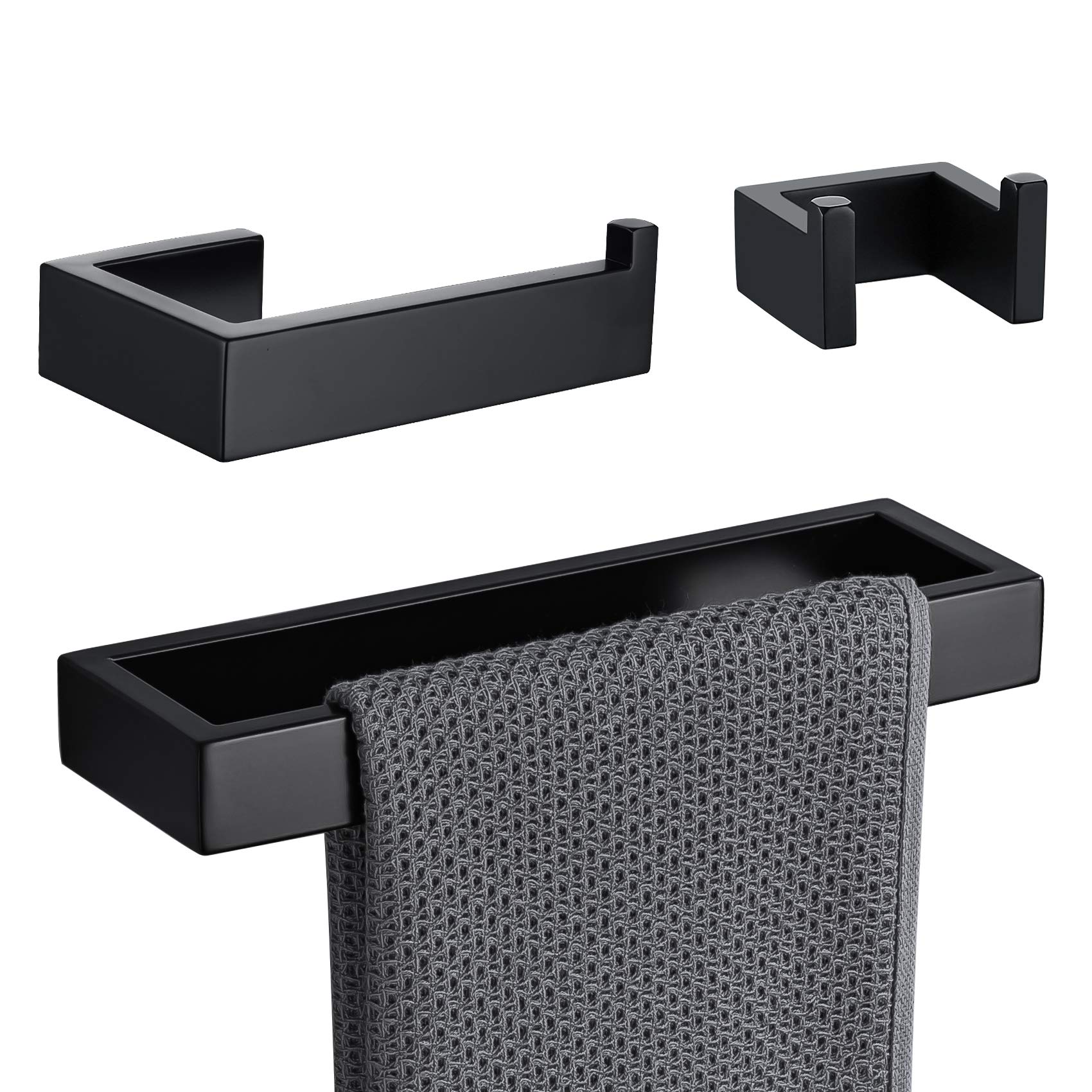 Lairuier Modern Matte Black Stainless Steel 3-Piece Bathroom Hardware Set - Towel Ring, Toilet Paper Holder & Robe Hook - Wall Mounted (L8P3-BK) - Perfect for Contemporary Bathrooms & Powder Rooms