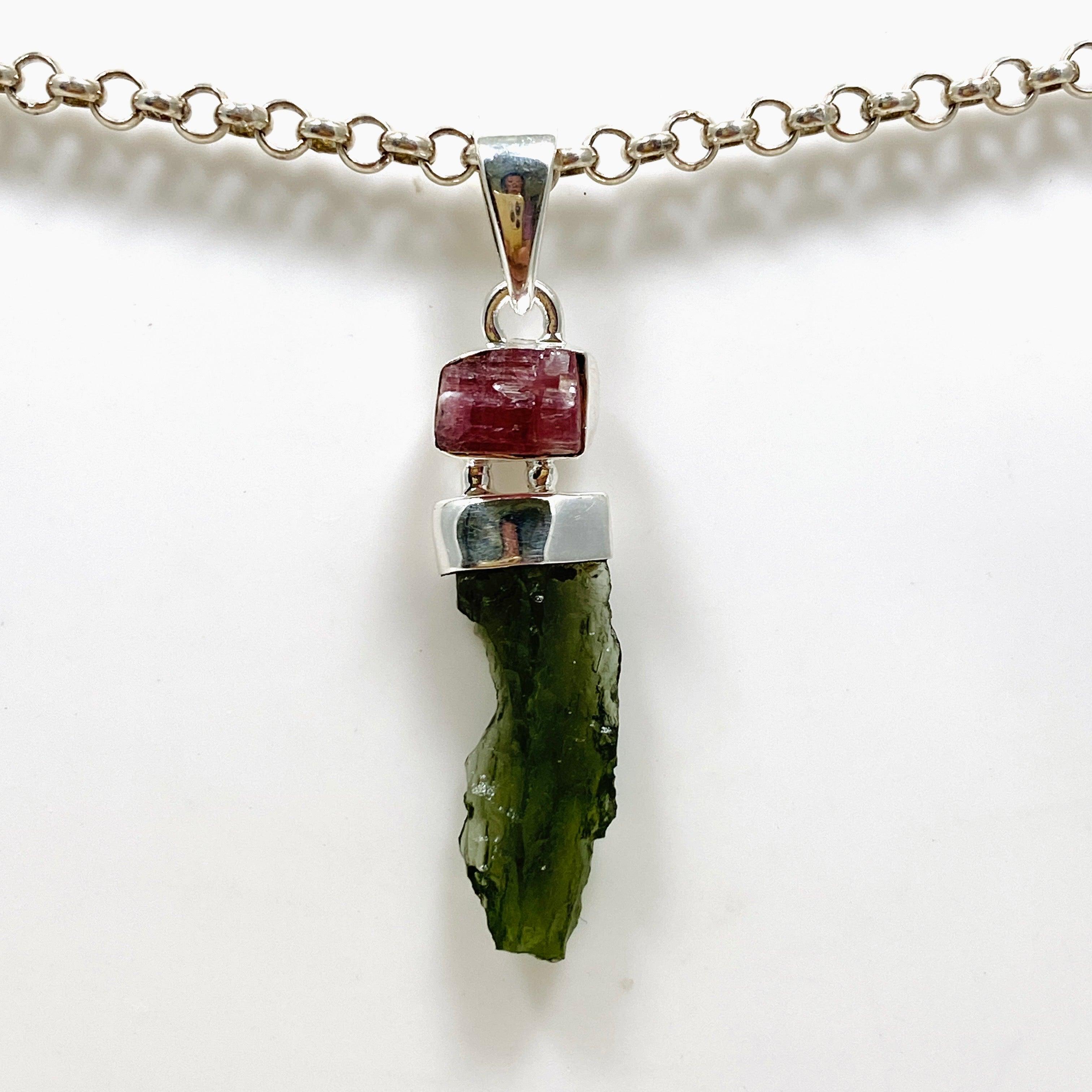 Natural Moldavite & Pink Tourmaline Pendant Necklace CGJ 04 - Spiritual Healing Jewelry for Meditation & Energy Protection