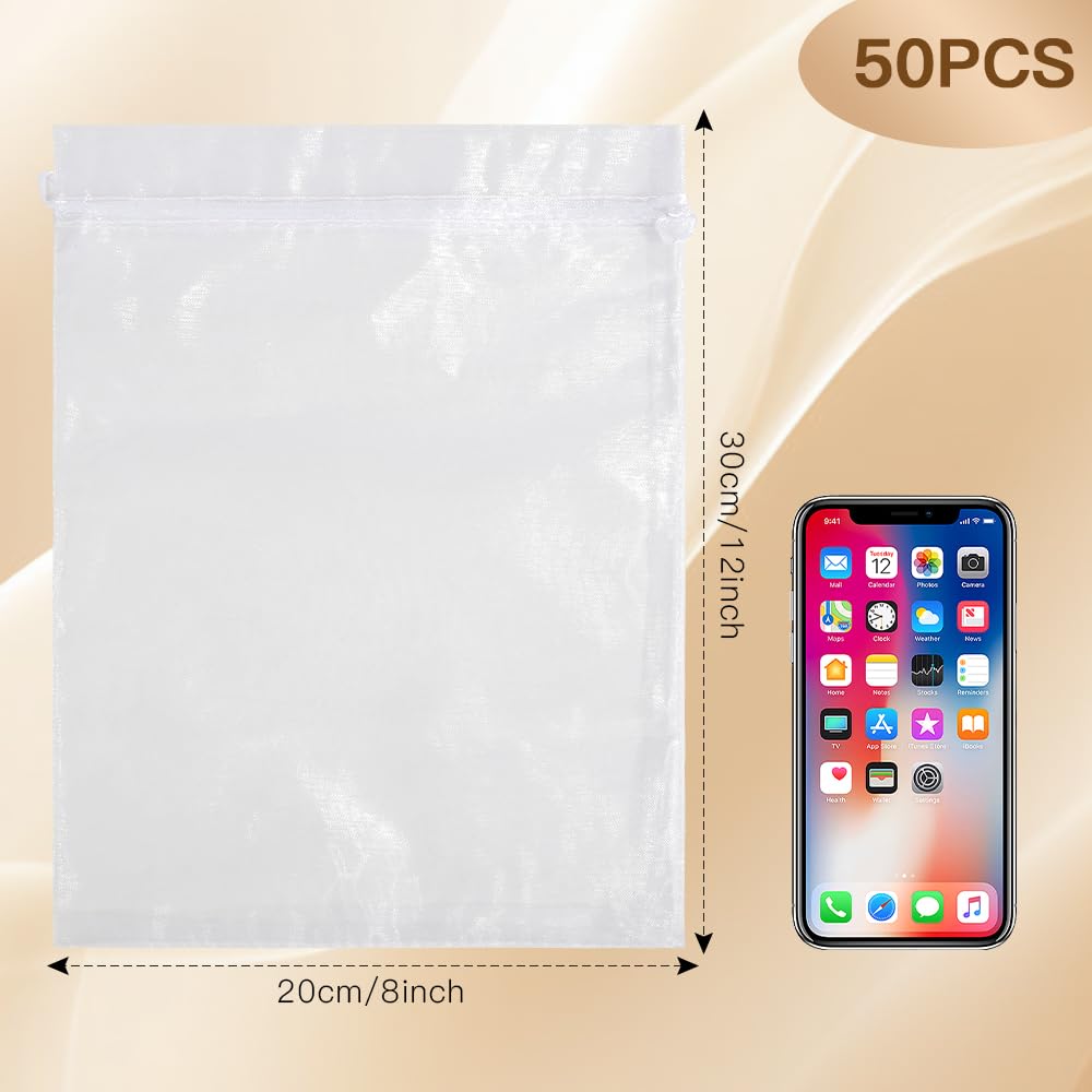 50 PCS White Sheer Organza Drawstring Bags 8x12 Inch - Wedding Favor Bags, Party Gift Bags, Christmas Candy Bags, Fruit Protection Mesh Bags for Birthdays, Baby Showers & Special Events