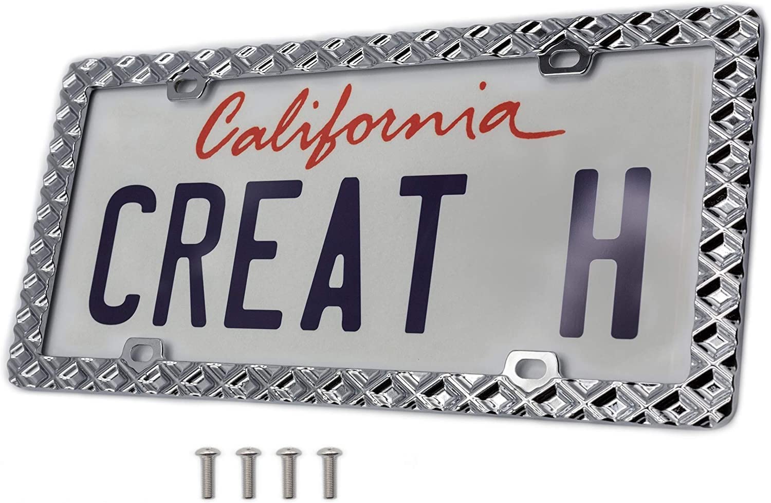 Creathome 3D Waffle Pattern Chrome License Plate Frame - Premium Zinc Alloy Metal Car Plate Holder for Vehicles & Trucks - Durable & Stylish Auto Accessory for Road Trips & Car Shows