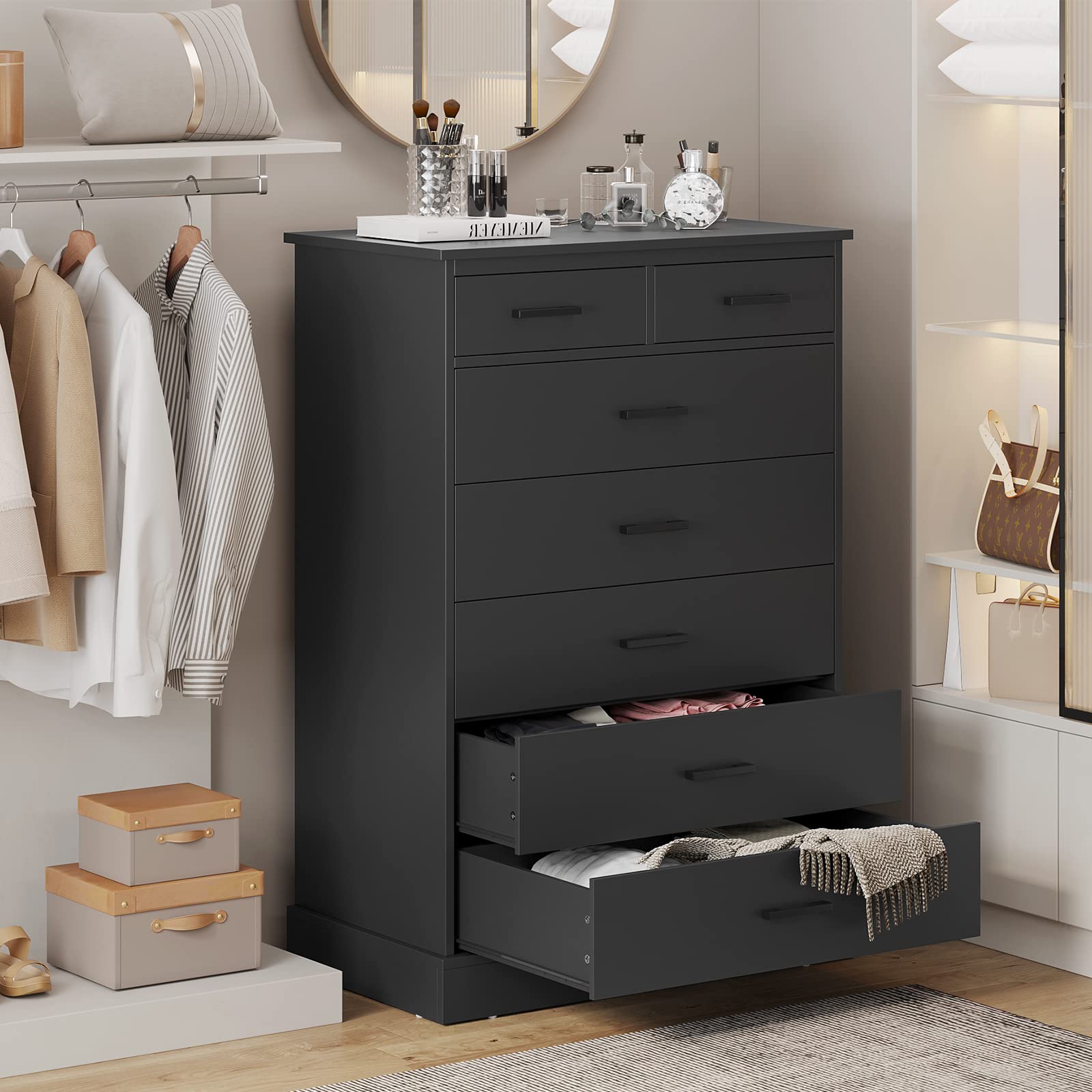 Hasuit 7-Drawer Tall Dresser for Bedroom - Solid Wood Storage Cabinet with Sturdy Base, Large Clothes Organizer Tower | Perfect for Closet, Living Room & Hallway Organization