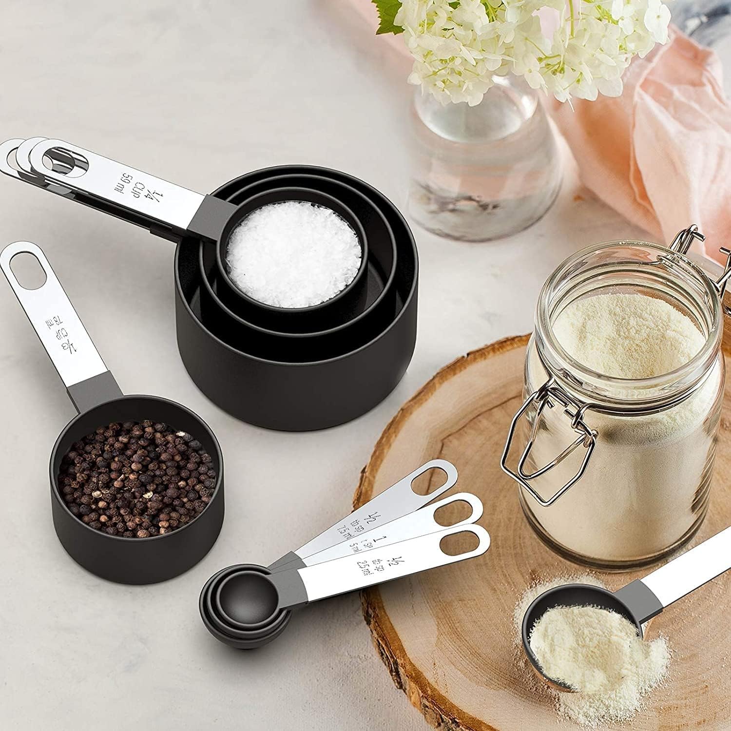 MobFest® 8-Piece Stainless Steel Measuring Cups and Spoons Set - Food Grade, BPA Free, Engraved Measurements, Dishwasher Safe, Rustproof & Odorless - Perfect for Baking, Cooking & Meal Prep (Black)